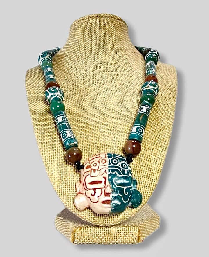 Teotihuacan Mask Pendant Necklace carved in ceramic with Mexican Pre Hispanic symbol engraved - Precolombian Jewelry