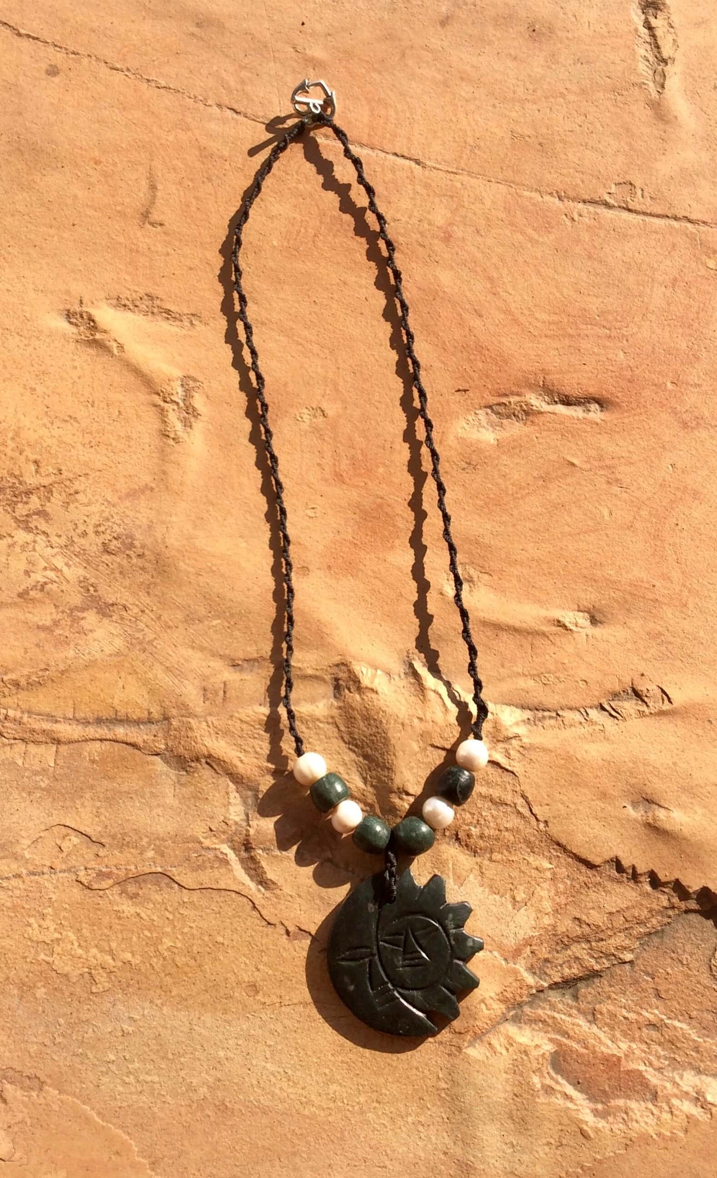 Moon Sun Symbol Pendant Necklace in Guatemalan jade serpentine stone & mother of pearls - Mexican jewelry