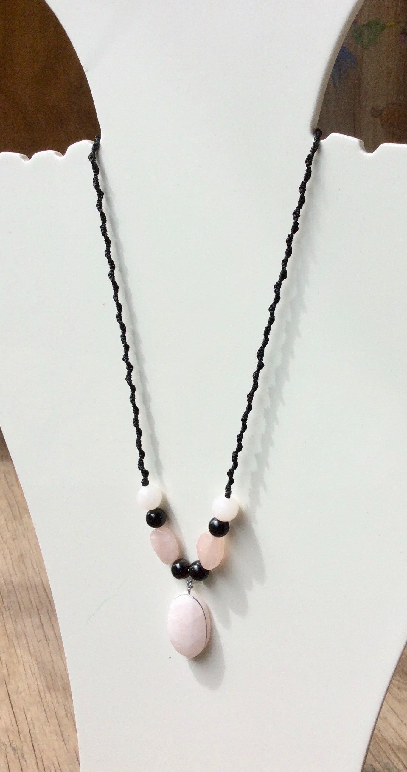 Pink Quartz Crystal pendant Necklace - Boho Chic Macramé with Mexican Obsidian & Rose Quartz Beads