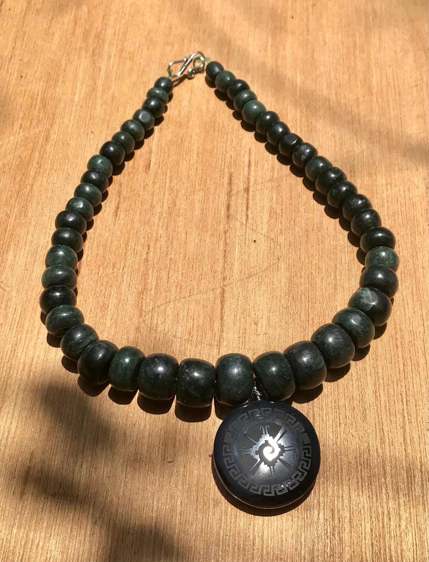 Mayan Jewelry Hunab Ku Obsidian Pendant with crescent Necklace like Ancient Guatemalan jade style , Mexican precolombian style