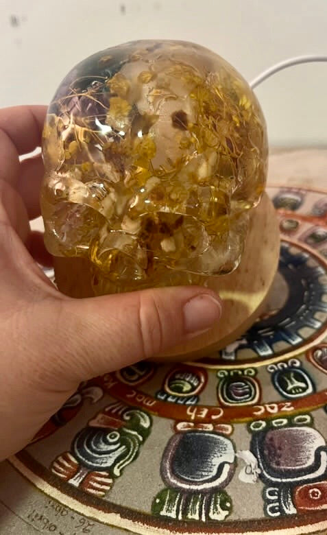 Handcrafted Resin Skull with Sacred plant inclusion and Integrated Light - Unique Decoration
