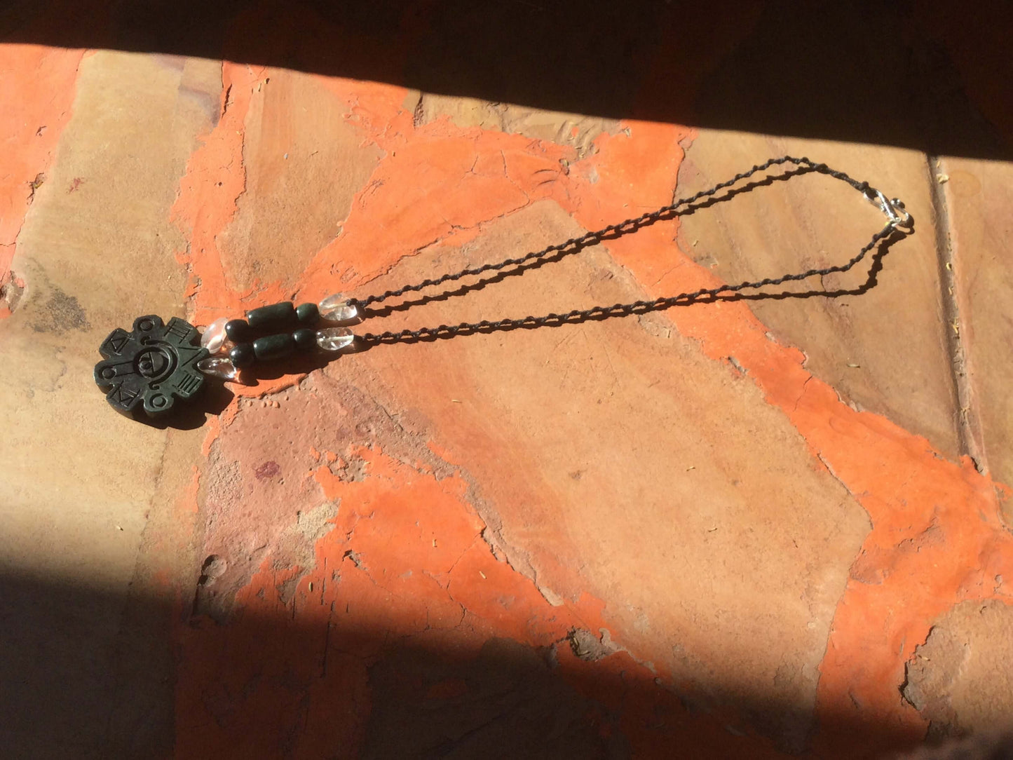 Ollin Pendant, Aztec calendar symbol, Guatemalan jade style, serpentine stone, Mexican precolombian Jewelry