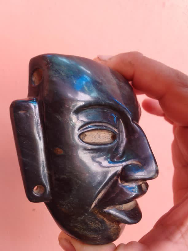 Teotihuacan Head Mask - Dark Green Serpentine Stone pendant - Guatemalan Jade Style - Handmade Mexican Artisan Sculpture - 4"x3"