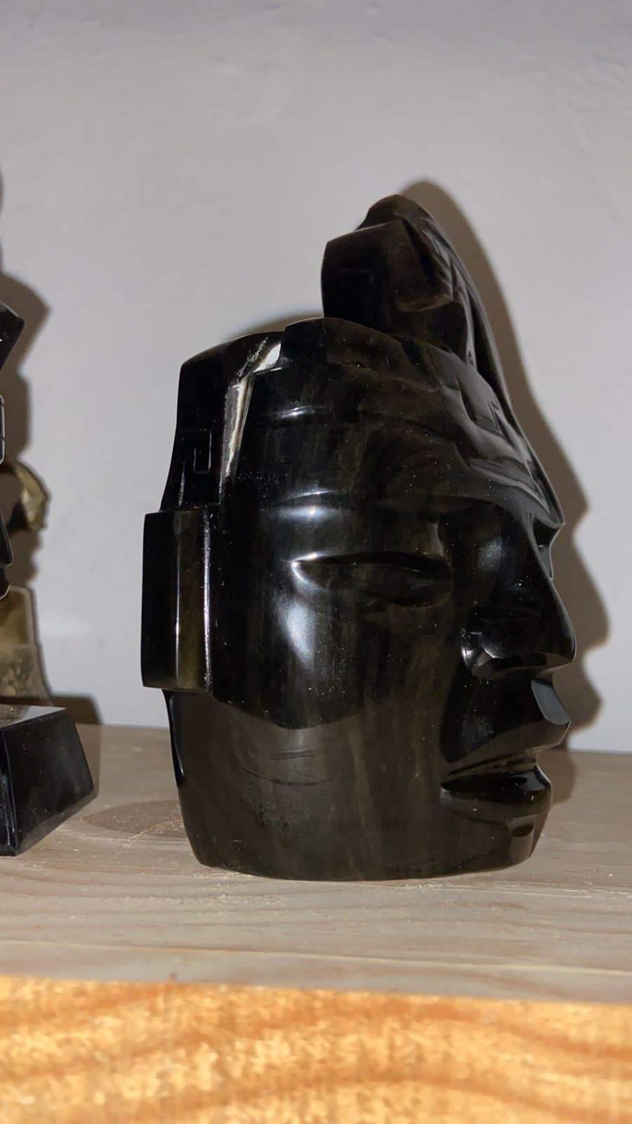 Teotihuacan Mask carved in golden obsidian, pre-Colombian pre-Hispanic sculpture, Mexican decoration collection