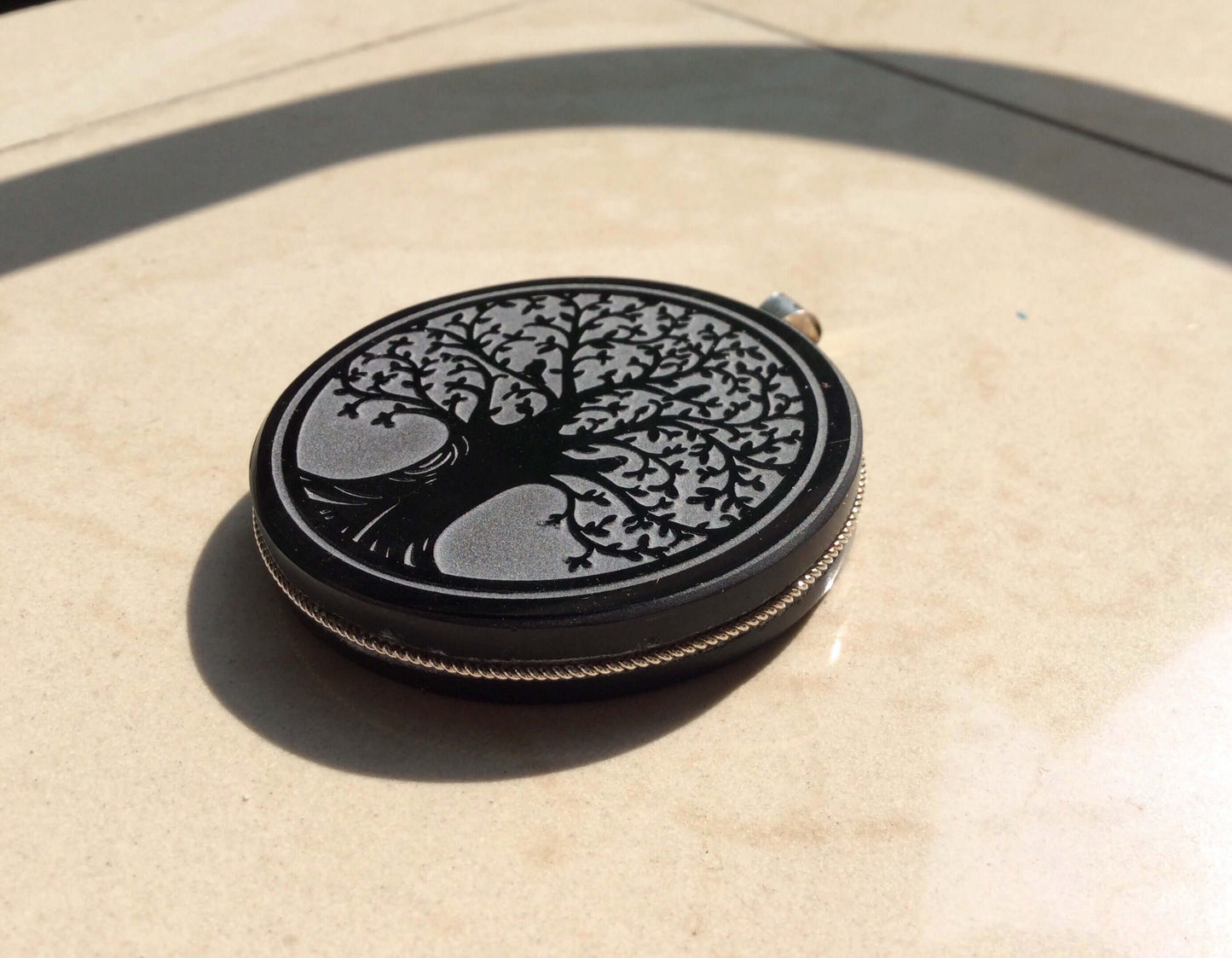 Tree pendant engraved black obsidian stone- Genuine Mexican Obsidian jewelry supplies