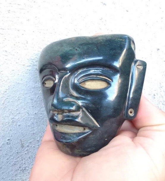 Teotihuacan Head Mask - Dark Green Serpentine Stone Pendant - Guatemalan Jade Style - Handmade Mexican Artisan Sculpture - 4"x3"