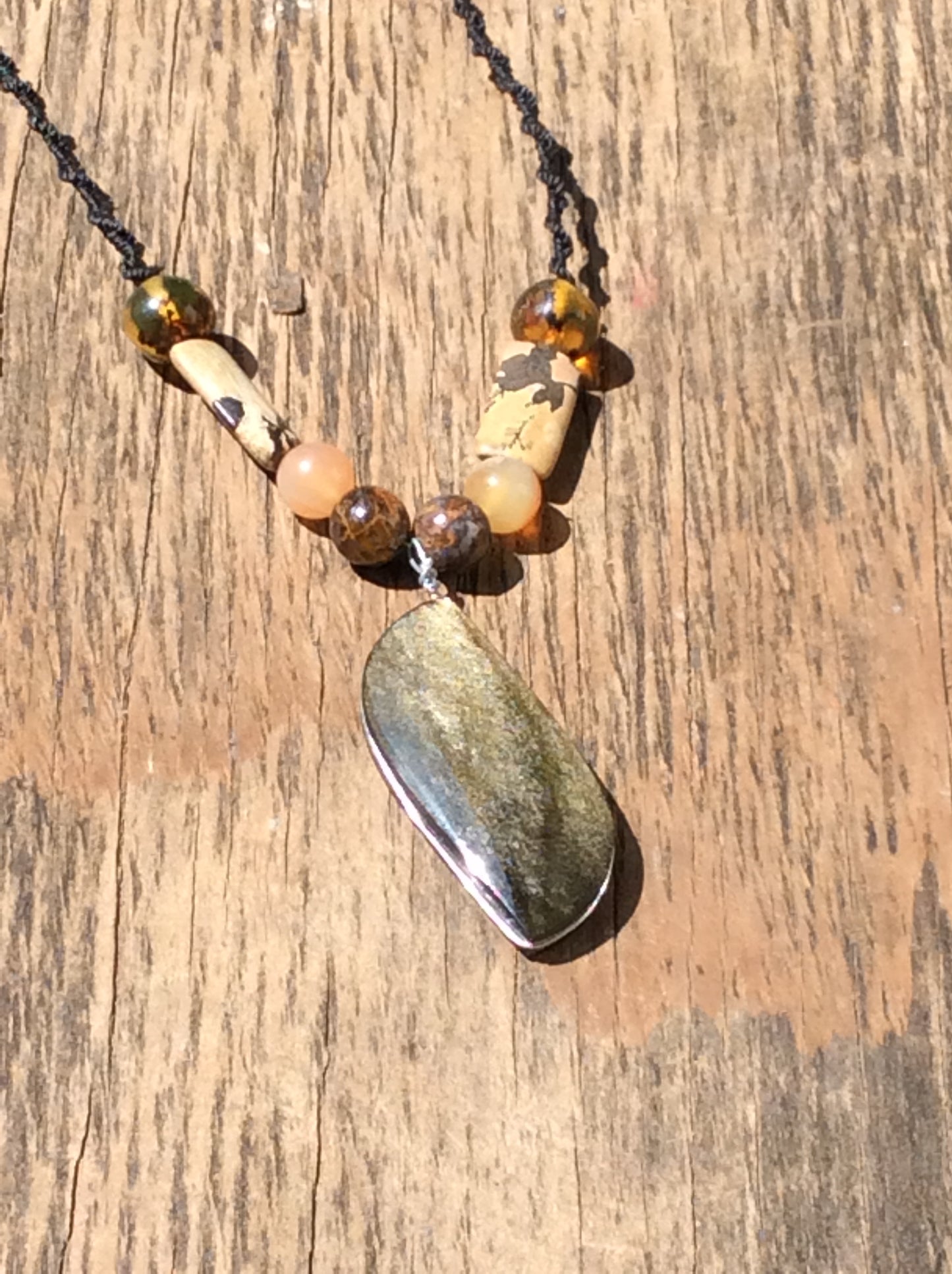Golden Obsidian Pendant Necklace with Amber, petrified wood & Agate beads, unique Mexican Jewelry