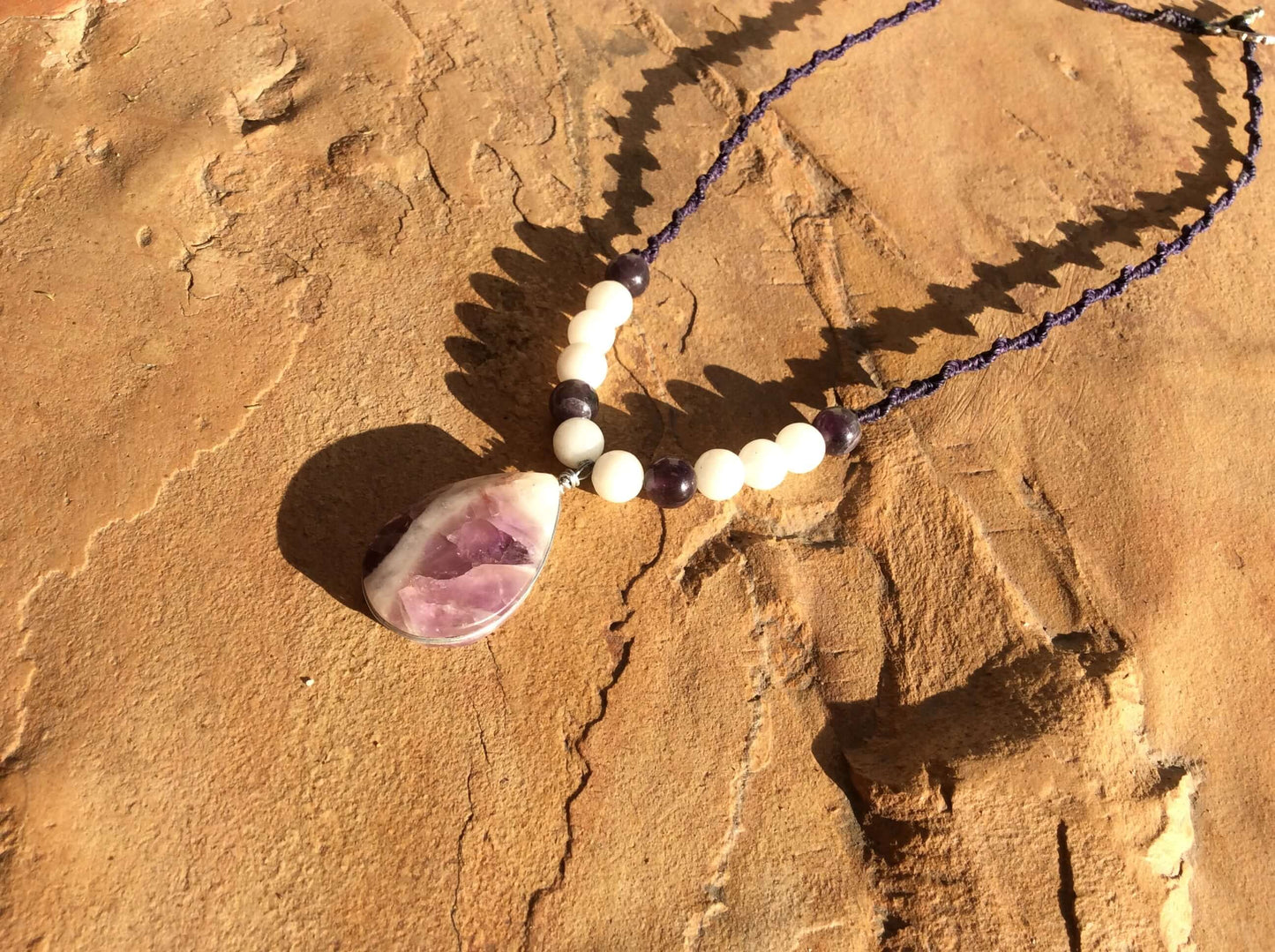 Trinity of Harmony: Amethyst Pendant with White Agate and Obsidian Beads for Emotional Balance and Spiritual Protection