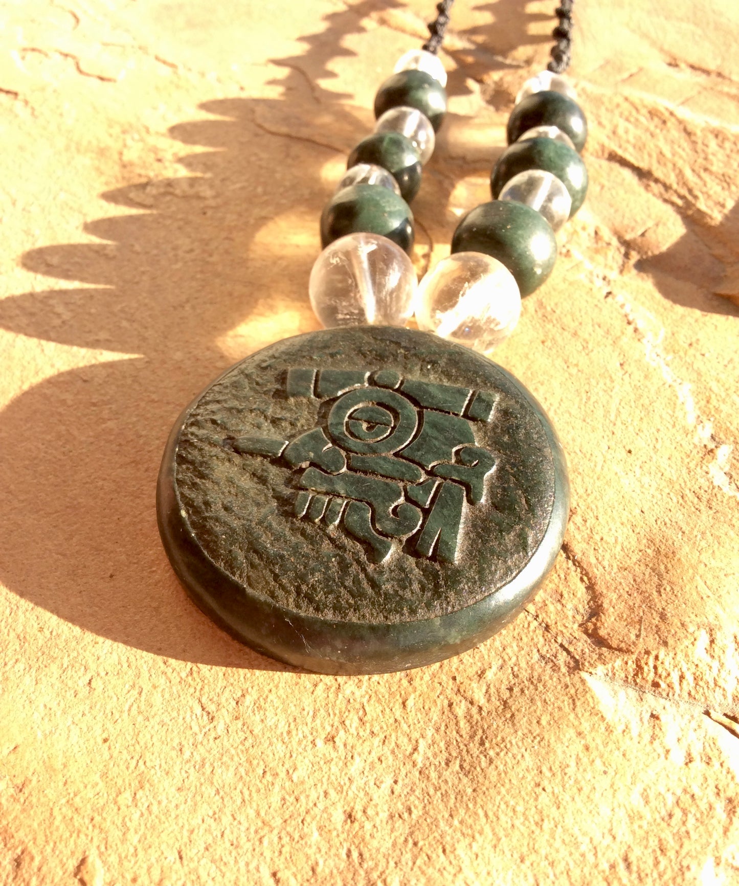 Tlaloc Pendant Necklace- Mexican Divinity of storm and Rain- Guatemalan jade style, serpentine & crystal Quartz stone beads