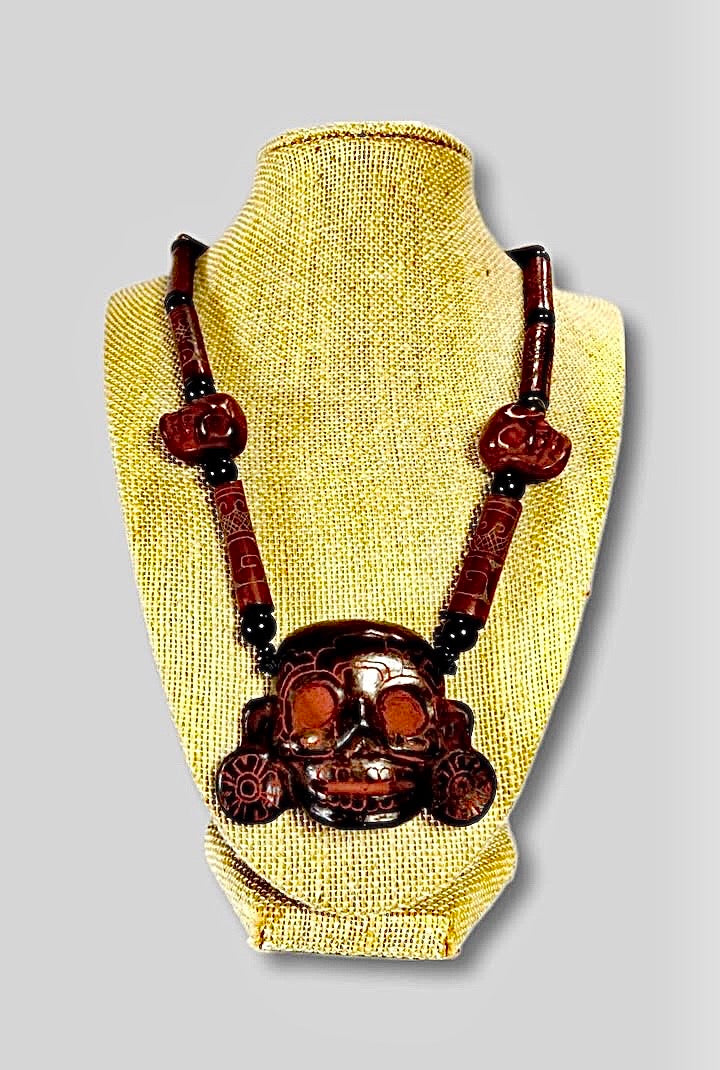 Teotihuacan Mask of Mikiztli Pendant Necklace carved in ceramic, Divinity of Death & Transformation with Mexican Pre Hispanic symbols engraved - Precolombian Jewelry