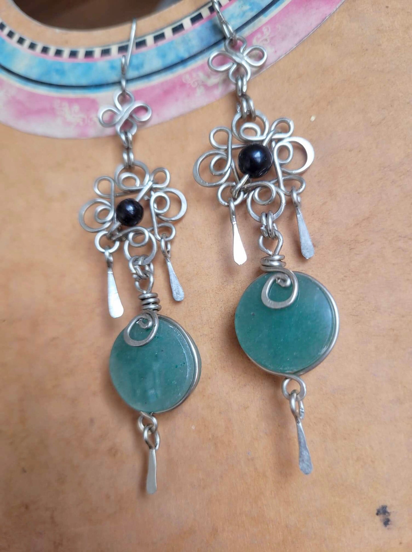 Stone Filigree Earrings - Quartz Agate & black Agate beads - Handcrafted with Love
