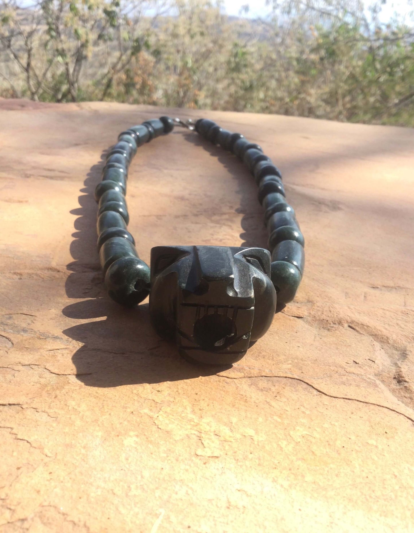 Jaguar Pendant Guatemalan jade beads necklace style, serpentine stone - Mayan Jewelry, Mexican Culture