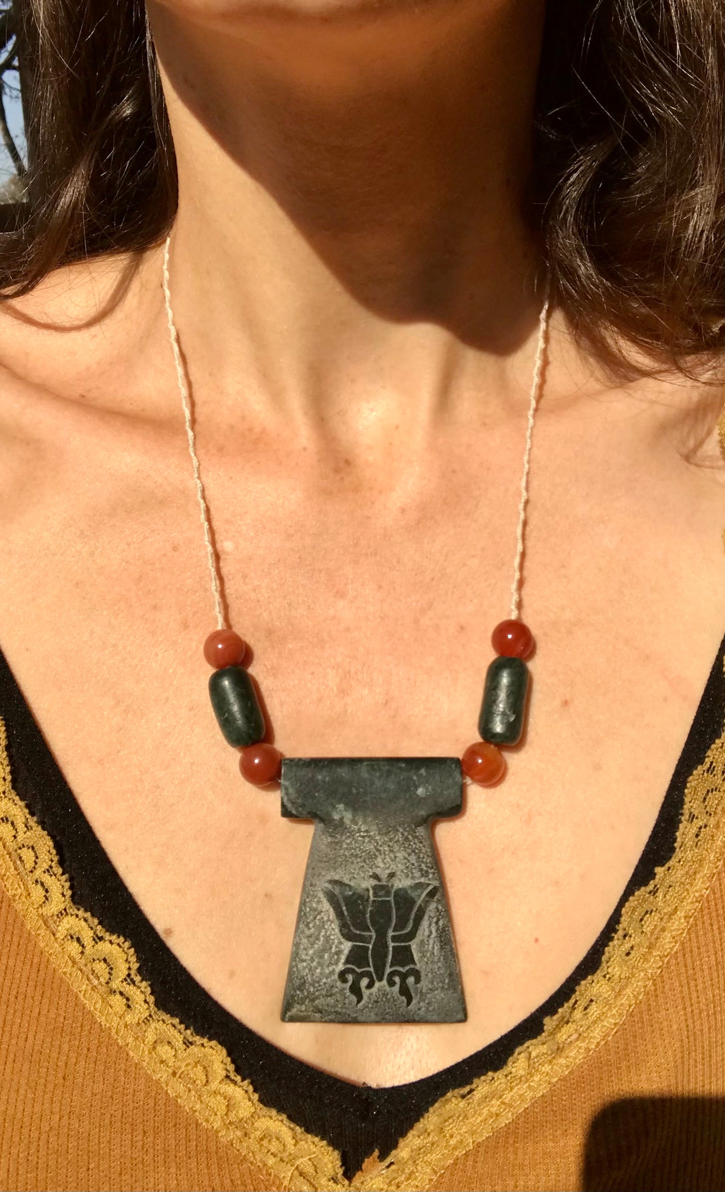 Butterfly Pendant carved like Ancient guatemalan jade - Mayan Jewelry, Mexican Necklace Nature - aztec Monarch butterfly symbol