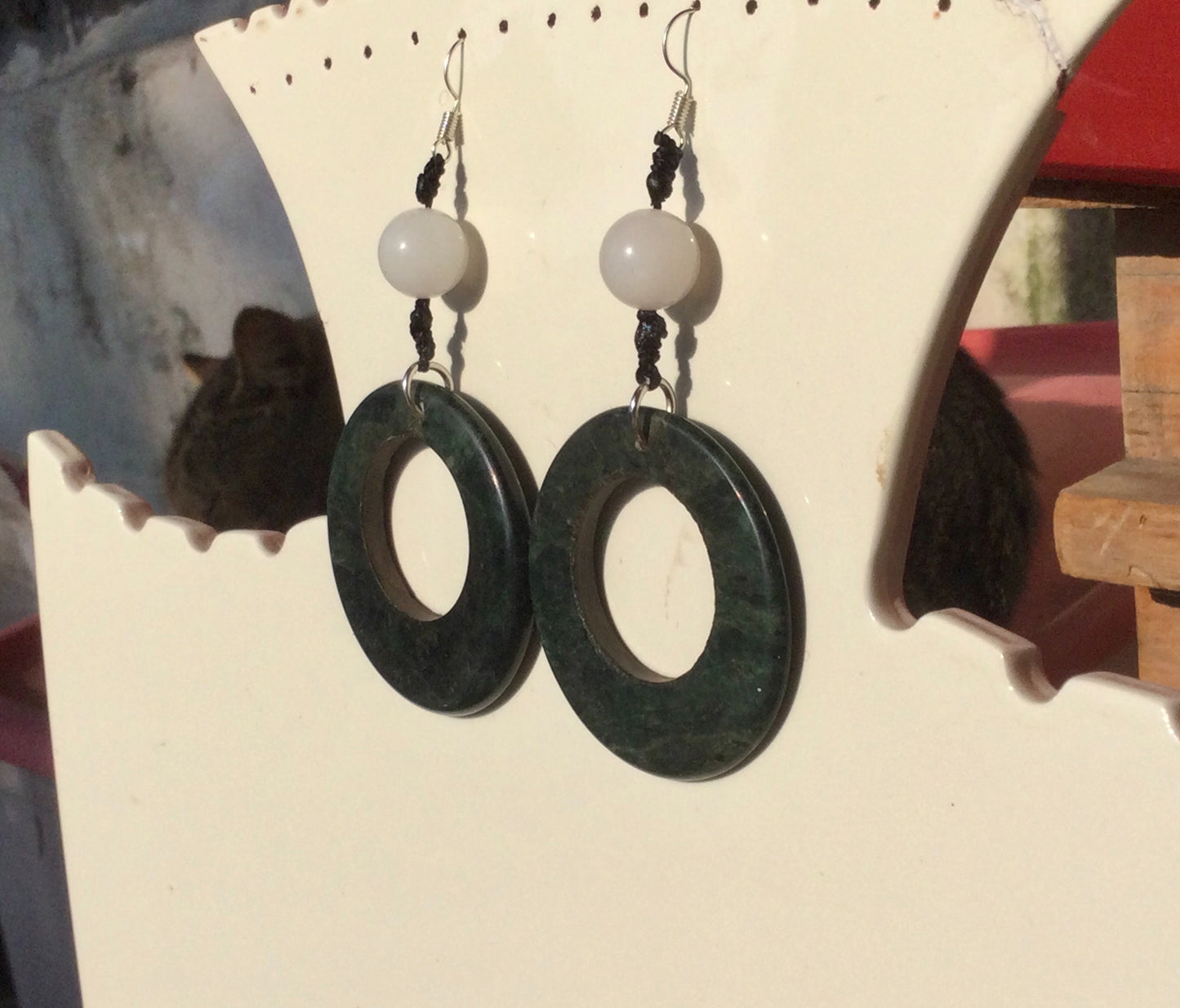 Hoop Earrings Guatemalan Jade style - Serpentine & rose quartz Stone