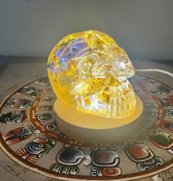 Handcrafted Resin Skull with Sacred plant inclusion and Integrated Light - Unique Decoration