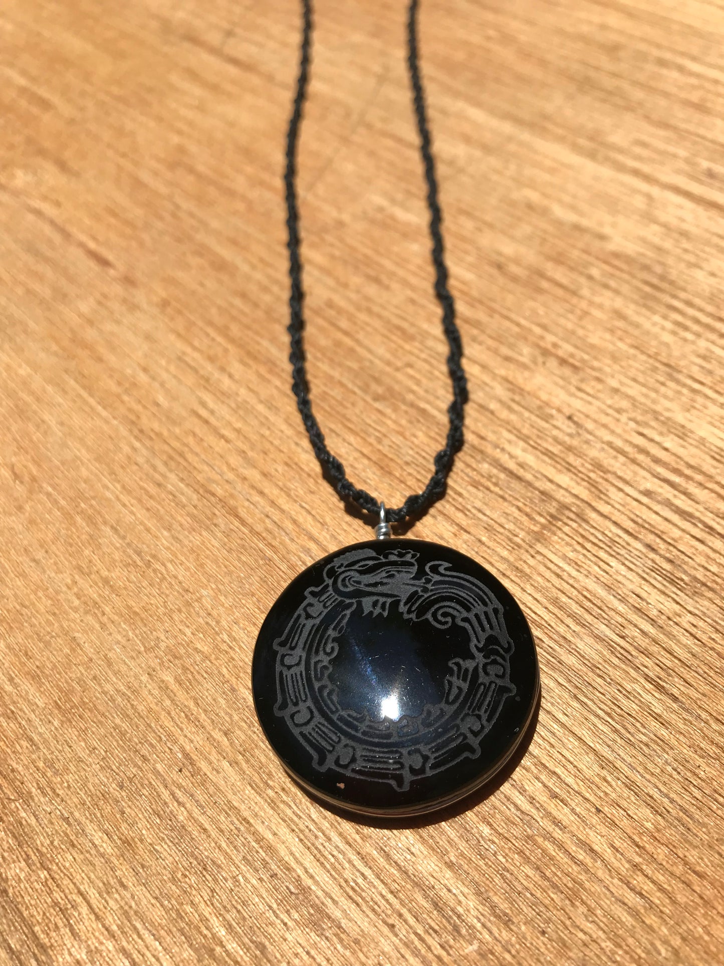 Quetzalcoatl, Kukulkan, Feathered serpent Pendant crystal black obsidian, Mexican prehispanic Precolombian jewelry