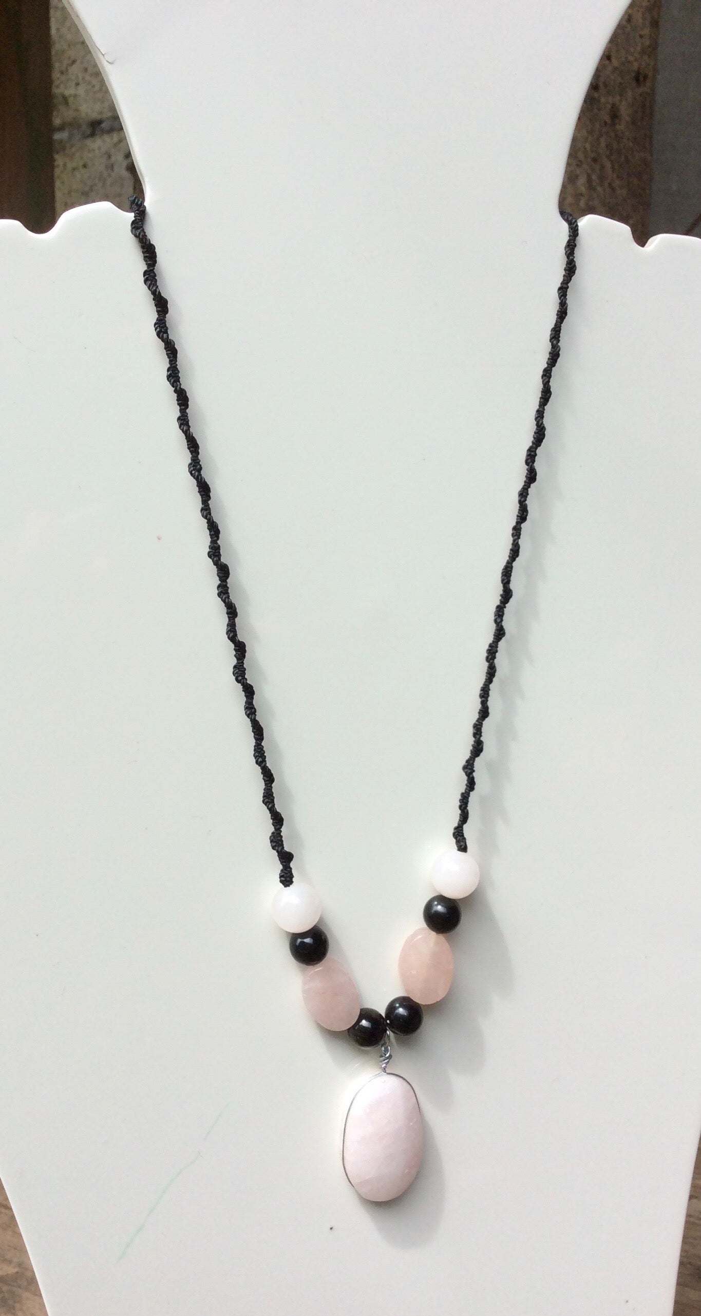 Pink Quartz Crystal pendant Necklace - Boho Chic Macramé with Mexican Obsidian & Rose Quartz Beads