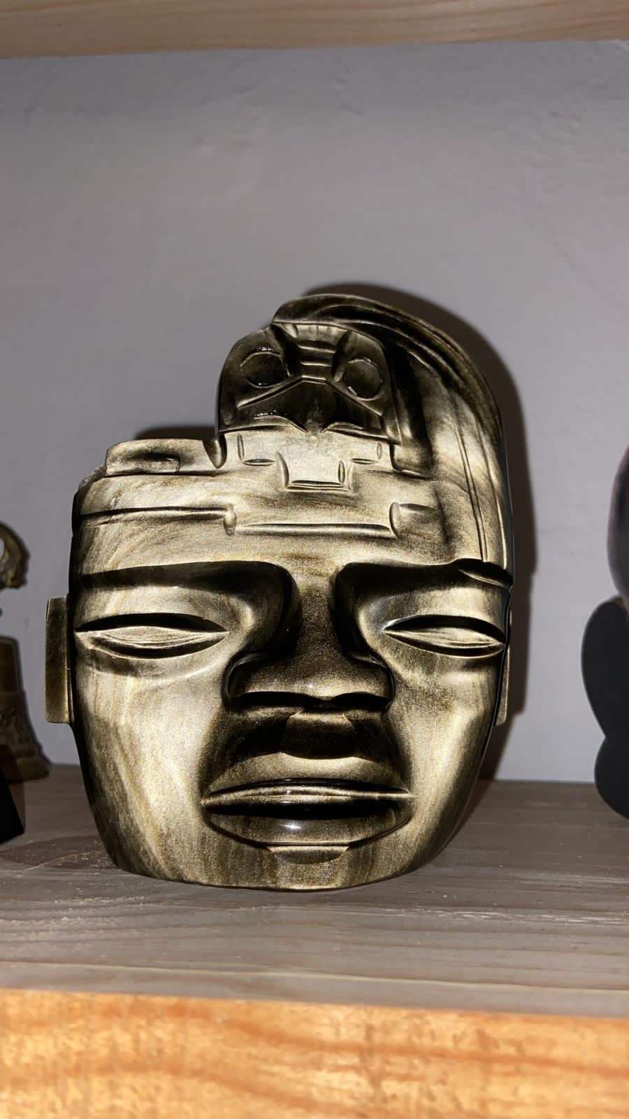 Teotihuacan Mask carved in golden obsidian, pre-Colombian pre-Hispanic sculpture, Mexican decoration collection
