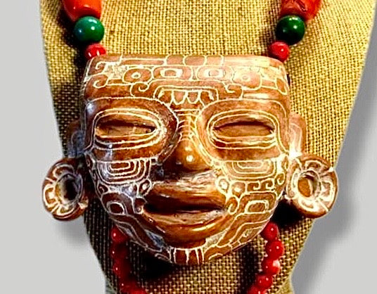Teotihuacan Mask Pendant Necklace carved in ceramic, Mexican Pre Hispanic symbols engraved - Precolombian Jewelry