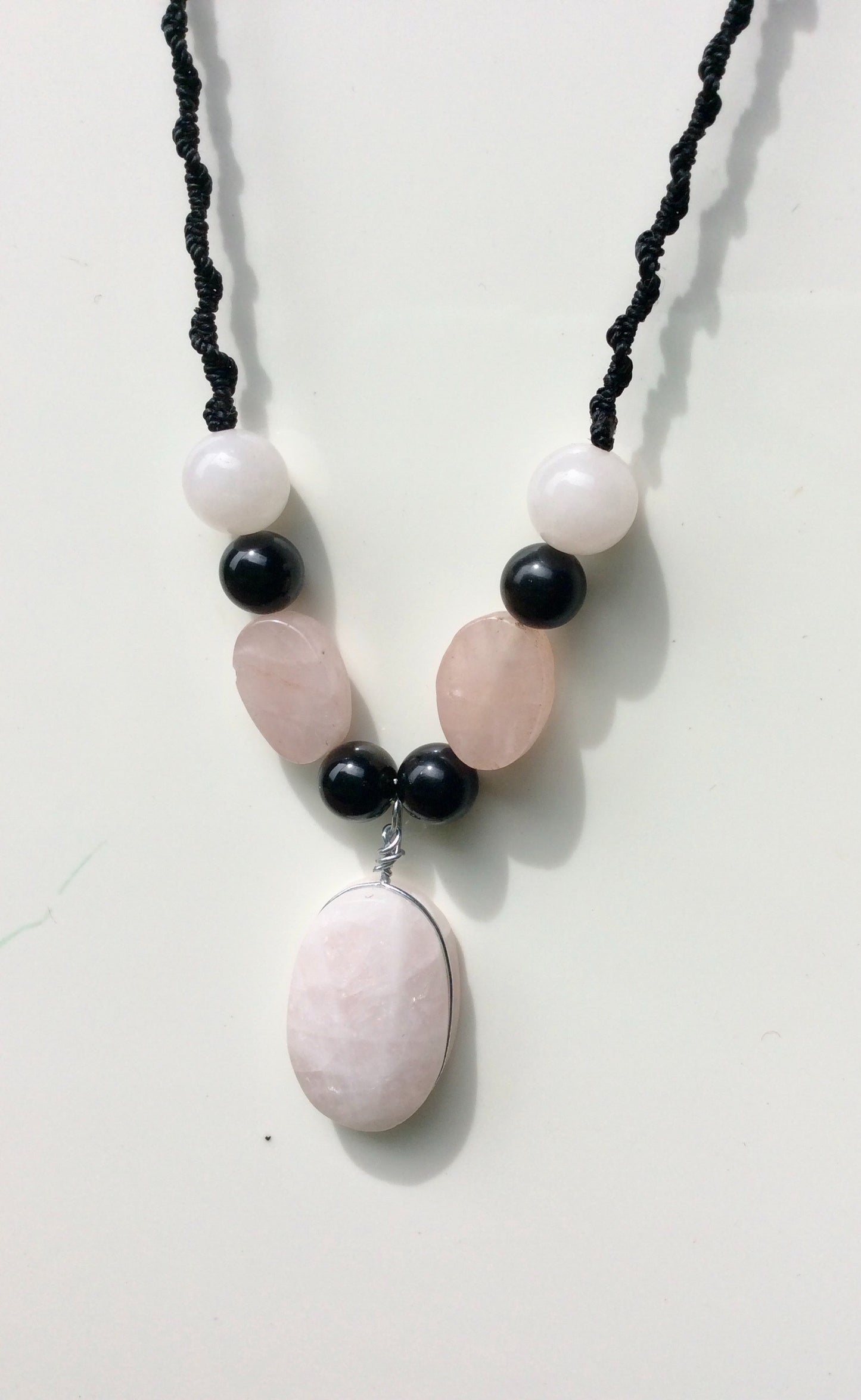 Pink Quartz Crystal pendant Necklace - Boho Chic Macramé with Mexican Obsidian & Rose Quartz Beads