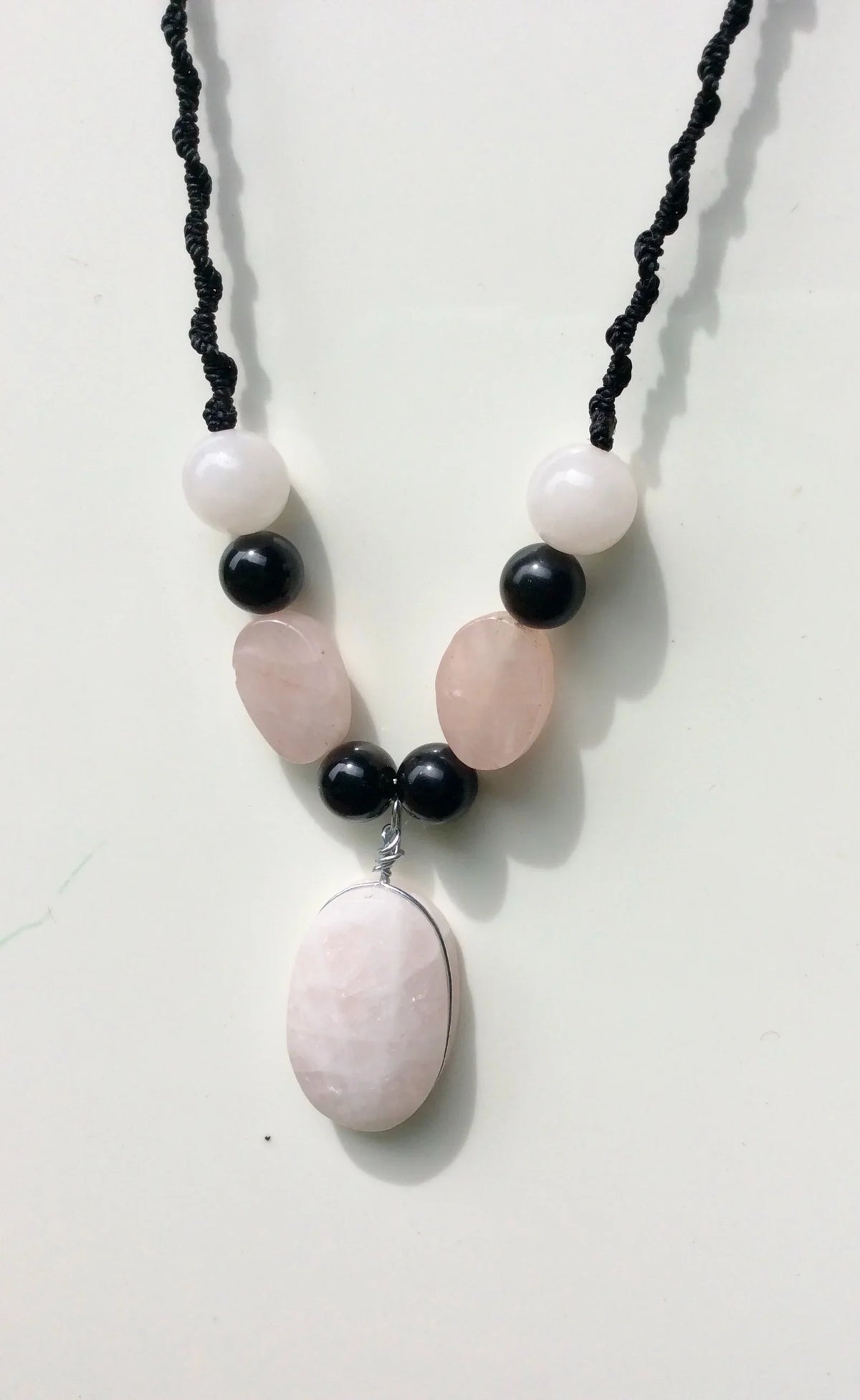 Rose Quartz Crystal Necklace | Macramé & Obsidian Beads | Handcrafted Boho Jewelry