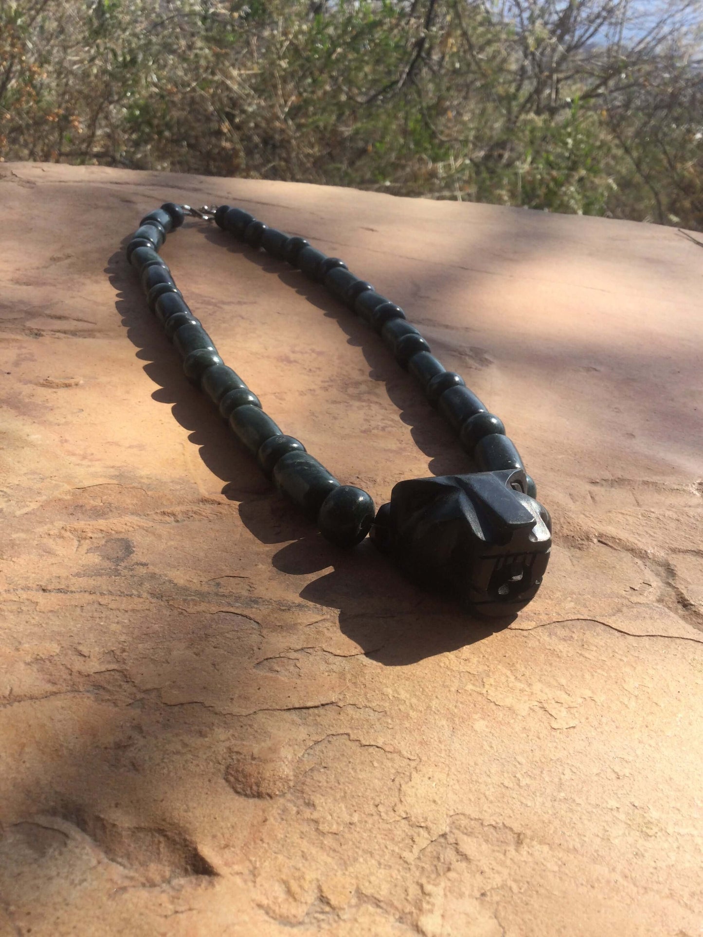 Jaguar Pendant Guatemalan jade beads necklace style, serpentine stone - Mayan Jewelry, Mexican Culture