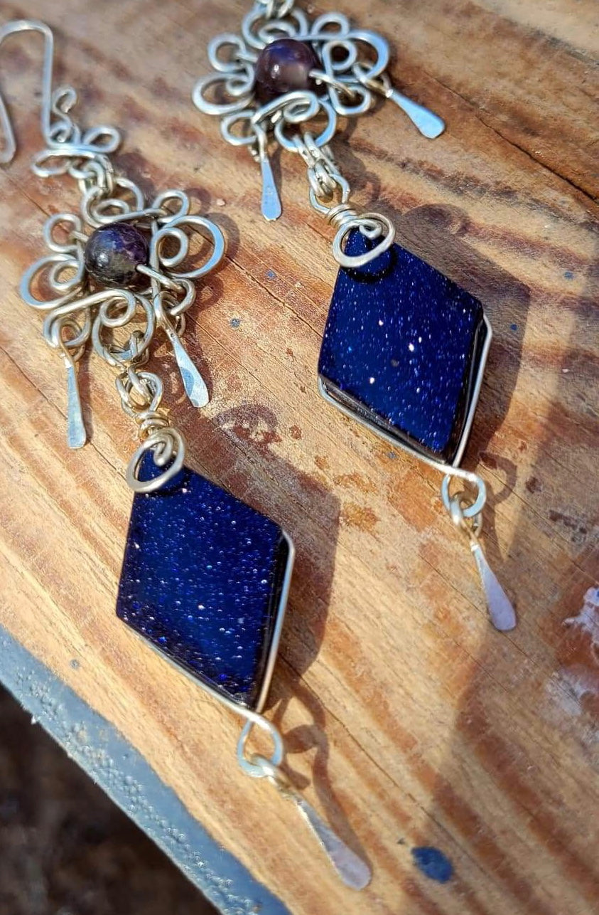 Blue Aventurine & Amethyst Filigree Earrings - Handcrafted with Love