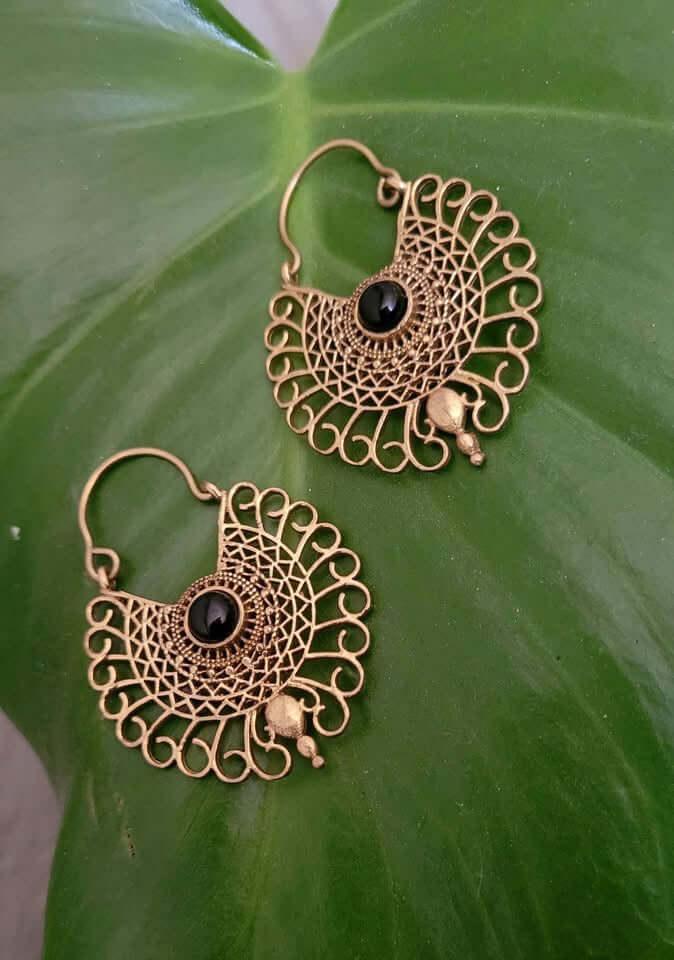 Mexican Obsidian Earrings | Manto Huichol Obsidian & Brass Filigree | Handmade Bohemian Jewelry