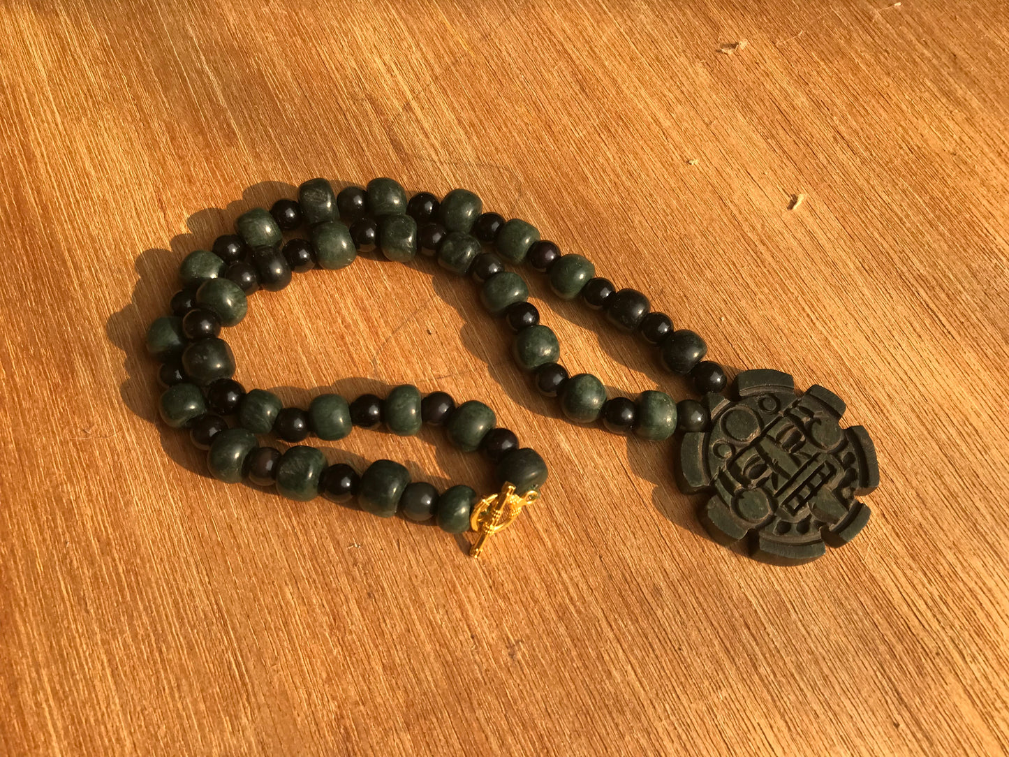 Tonatiuh, Mexican Sun Divinity Necklace, Center of Aztec Calendar or Sun Stone - like Ancient Guatemalan jade & obsidian beads - Mayan & Aztec Jewelry - Precolombian style