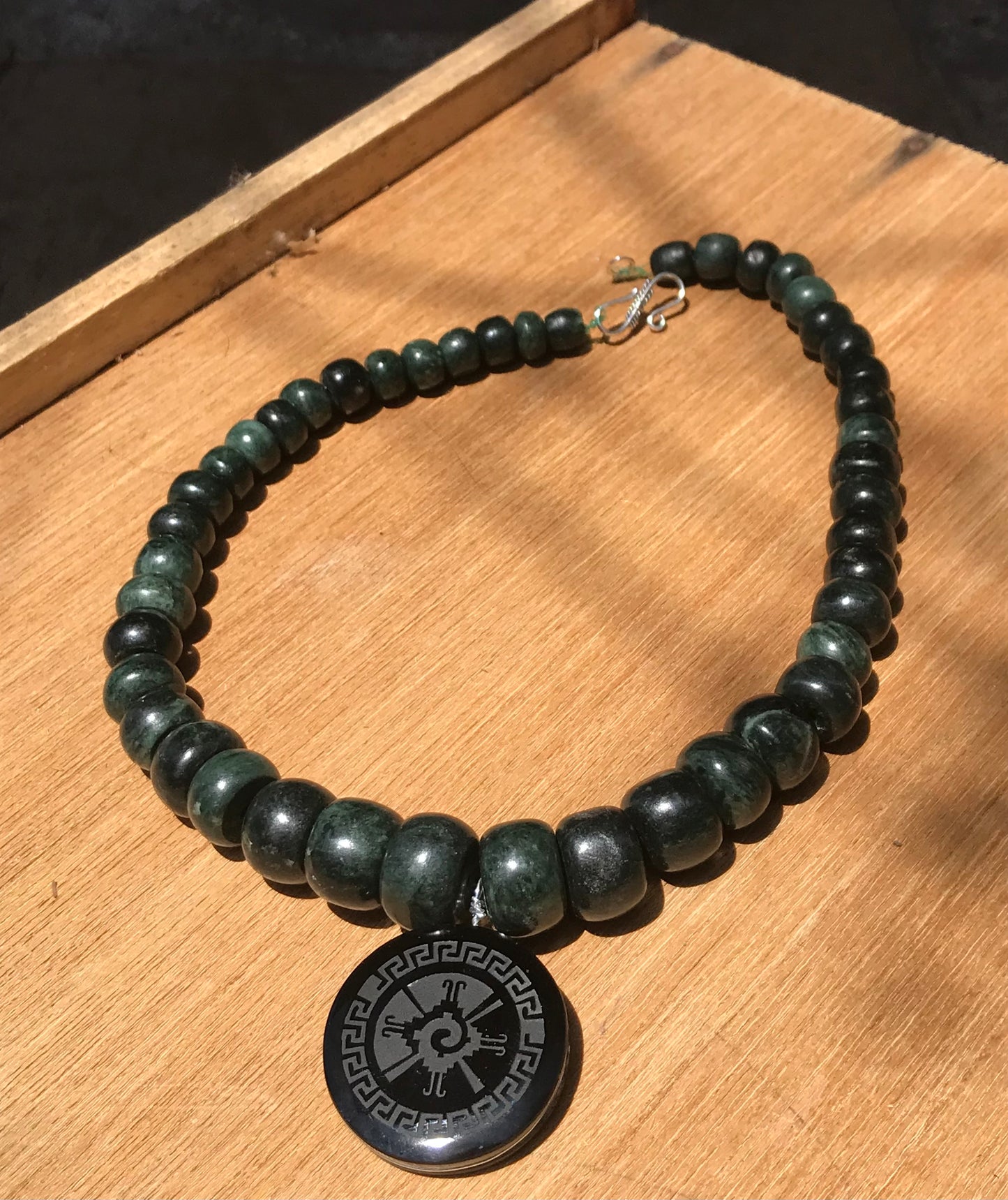 Mayan Jewelry Hunab Ku Obsidian Pendant with crescent Necklace like Ancient Guatemalan jade style , Mexican precolombian style