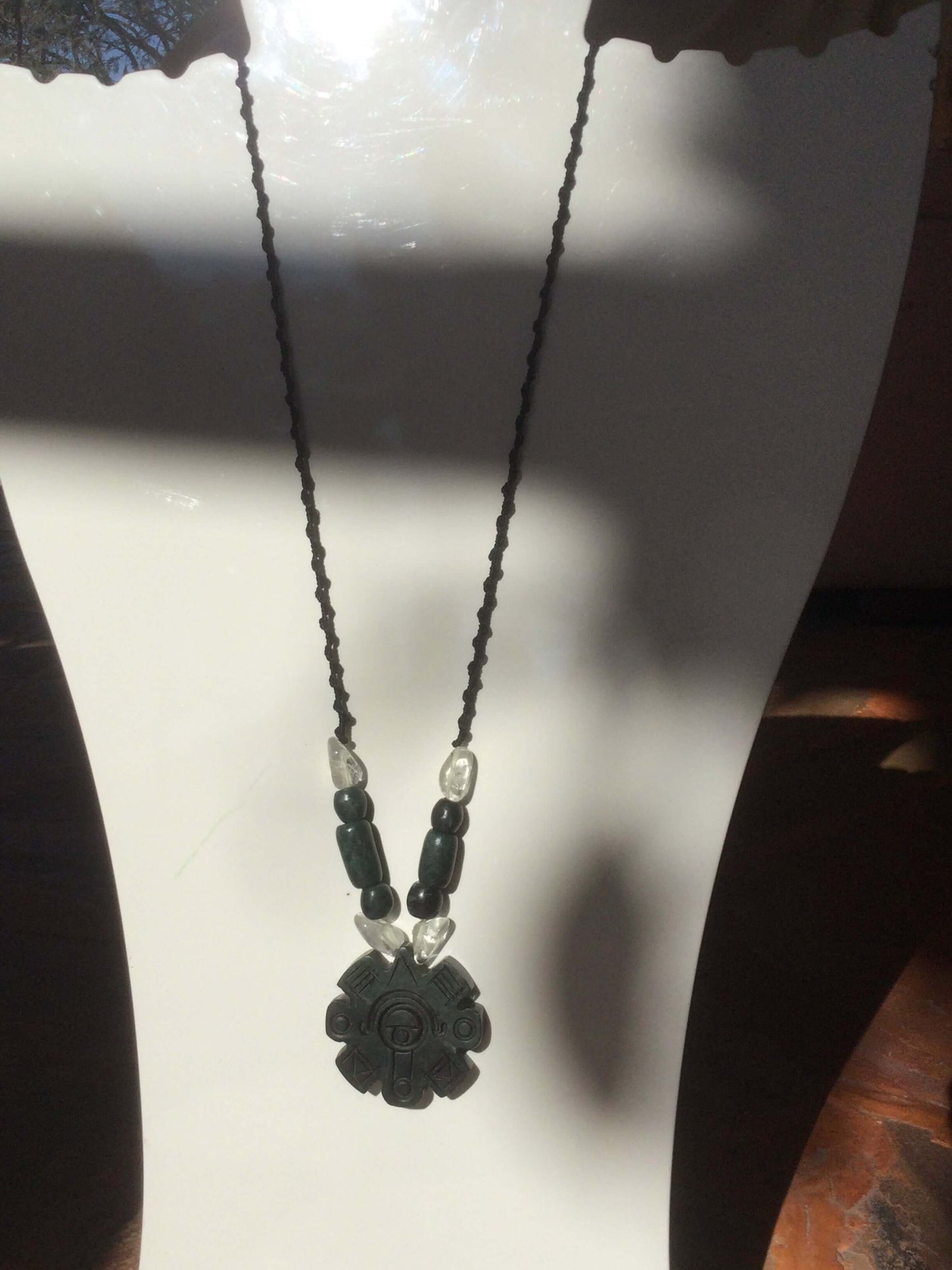 Ollin Pendant, Aztec calendar symbol, Guatemalan jade style, serpentine stone, Mexican precolombian Jewelry