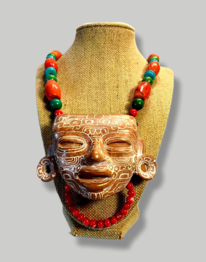 Teotihuacan Mask Pendant Necklace carved in ceramic, Mexican Pre Hispanic symbols engraved - Precolombian Jewelry