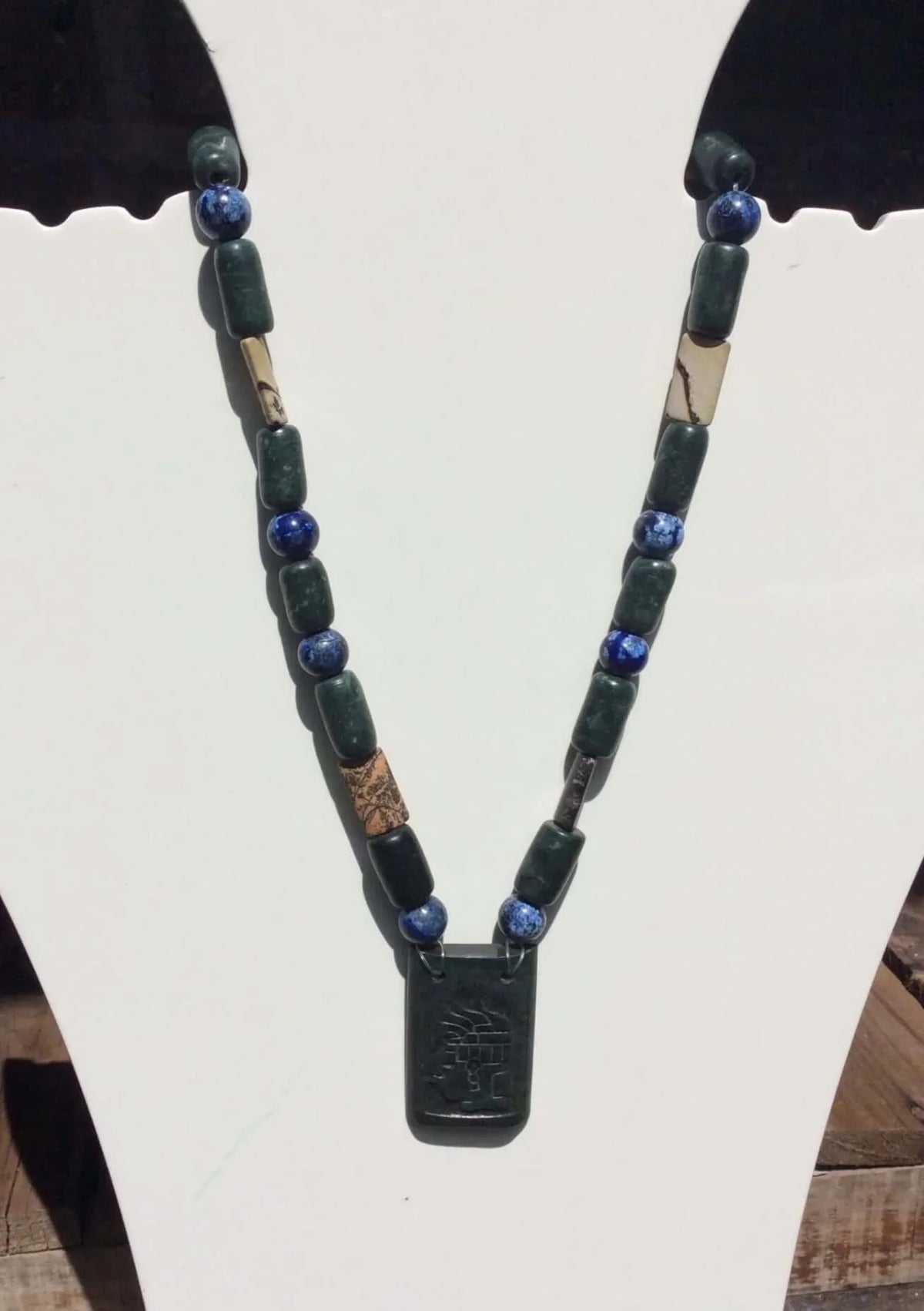 Mayan Necklace | Lapis Lazuli, Serpentine & Petrified Wood Beads | Guatemalan Jade Style | Pre-Columbian Jewelry