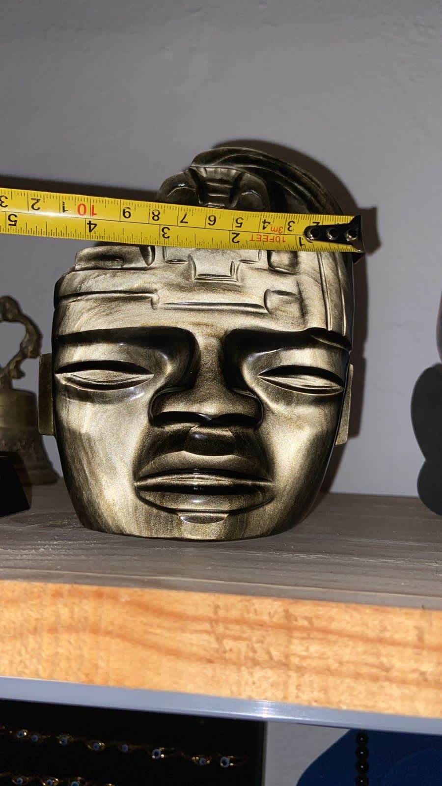 Teotihuacan Mask carved in golden obsidian, pre-Colombian pre-Hispanic sculpture, Mexican decoration collection
