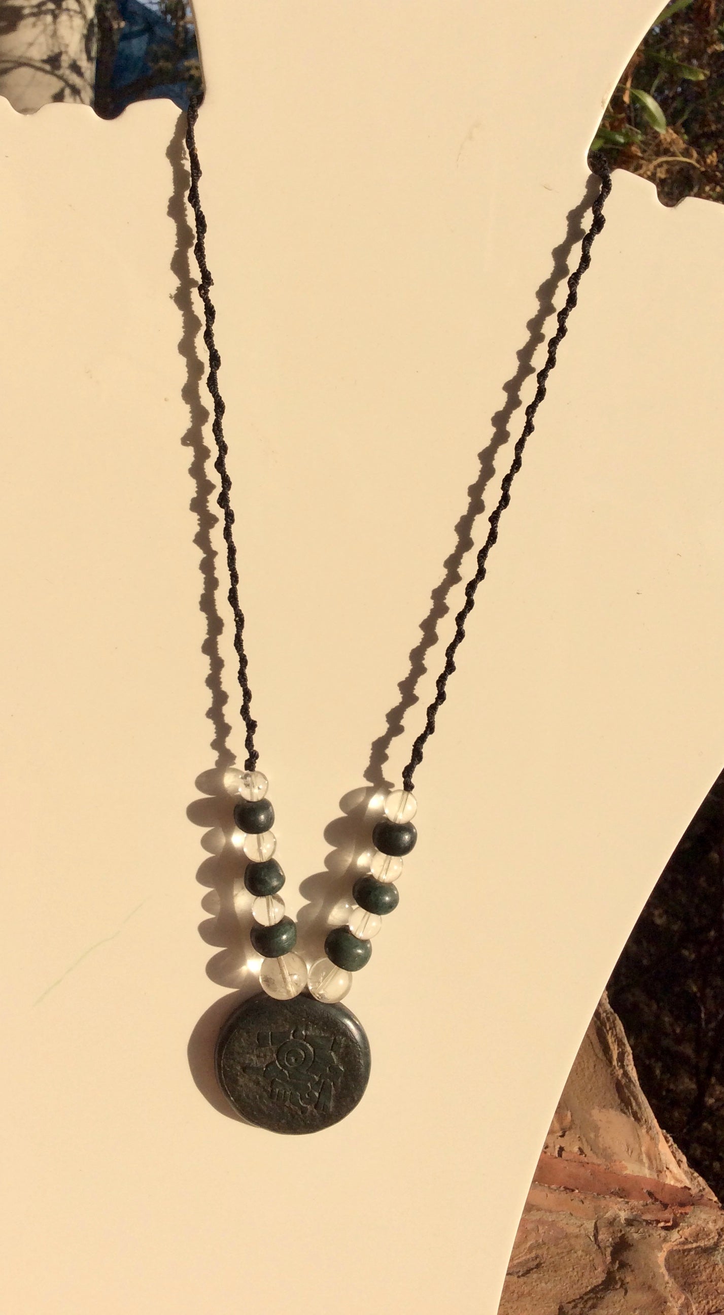 Tlaloc Pendant Necklace- Mexican Divinity of storm and Rain- Guatemalan jade style, serpentine & crystal Quartz stone beads