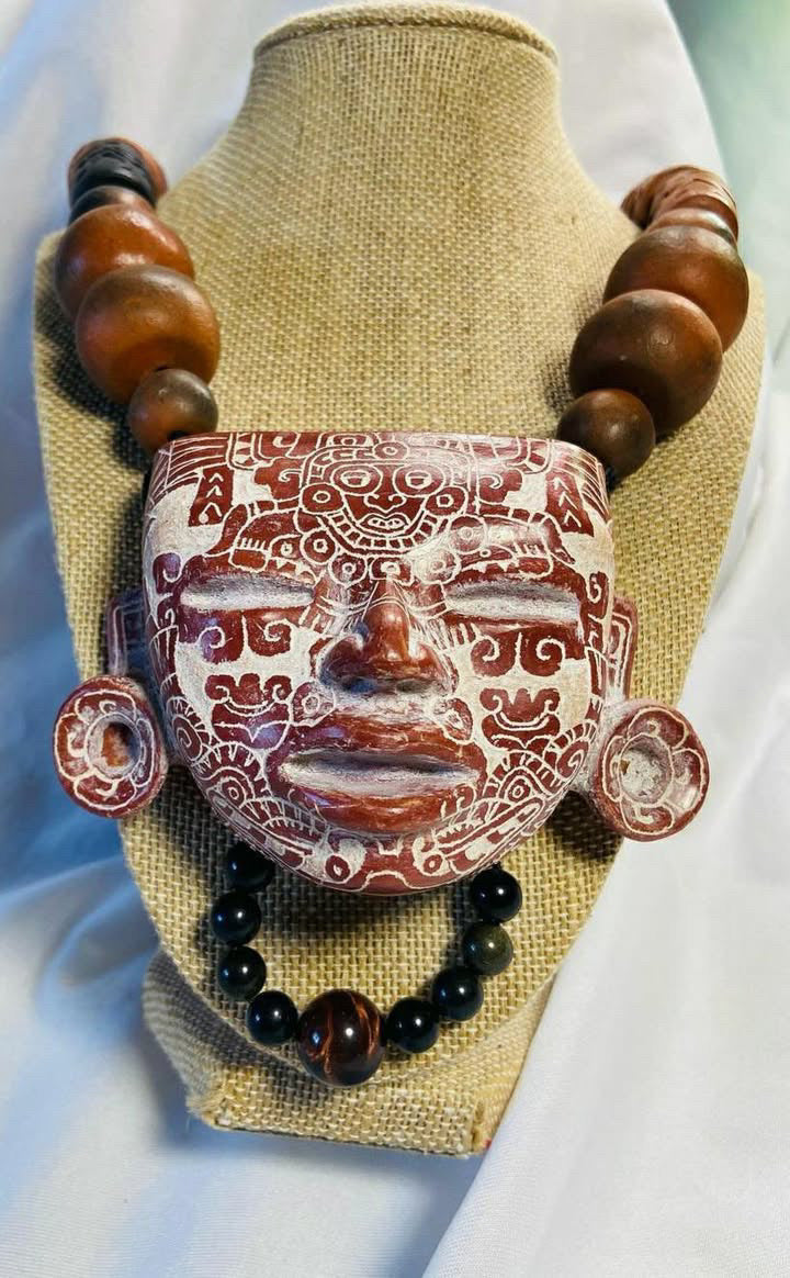 Teotihuacan Mask Pendant Necklace carved in ceramic with obsidian, Mexican Pre Hispanic symbols engraved - Precolombian Jewelry