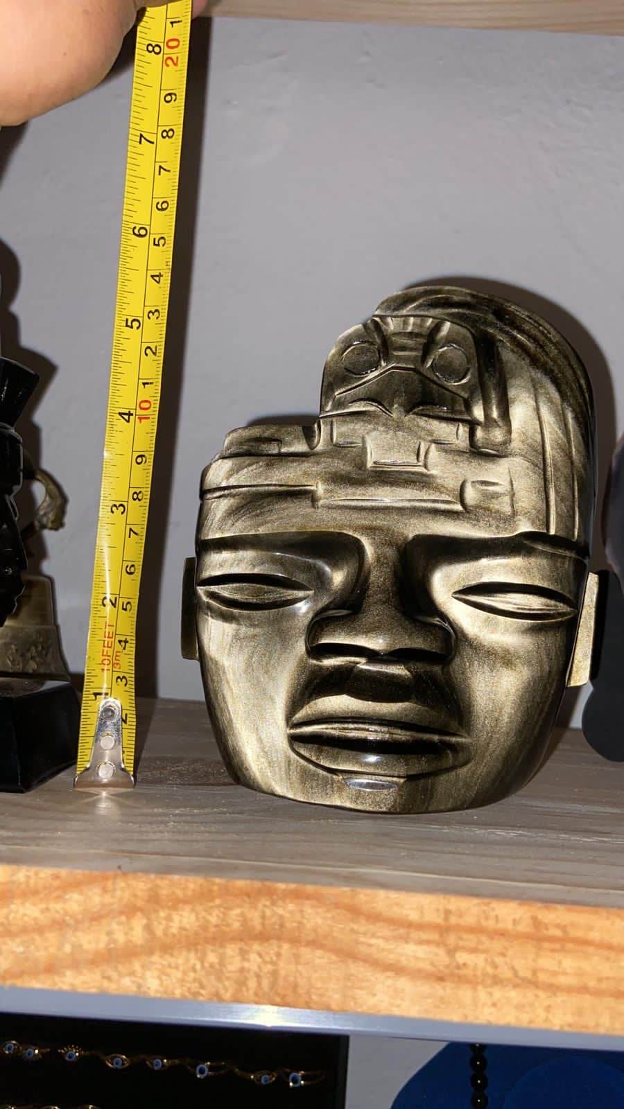 Teotihuacan Mask carved in golden obsidian, pre-Colombian pre-Hispanic sculpture, Mexican decoration collection