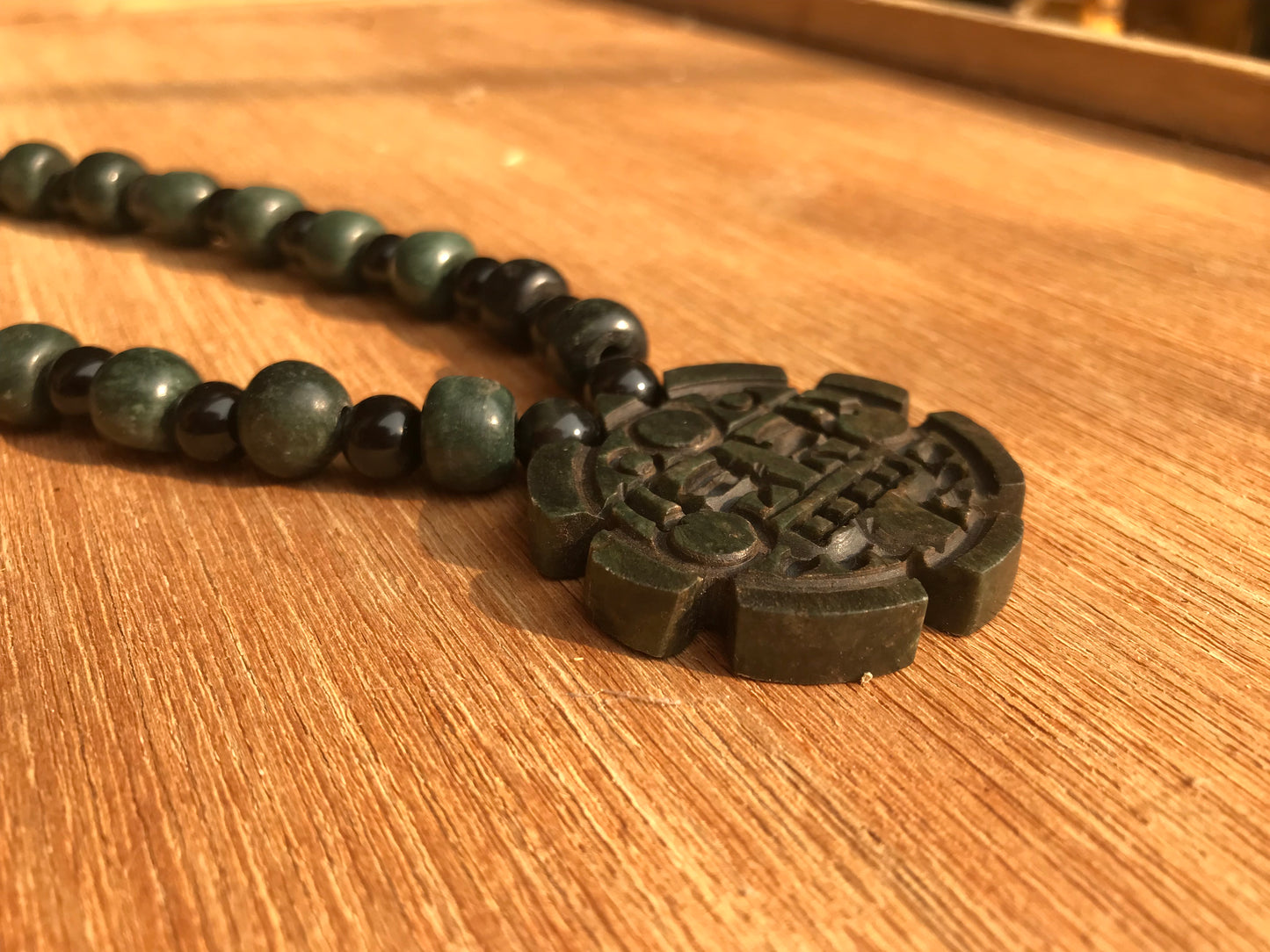 Tonatiuh, Mexican Sun Divinity Necklace, Center of Aztec Calendar or Sun Stone - like Ancient Guatemalan jade & obsidian beads - Mayan & Aztec Jewelry - Precolombian style