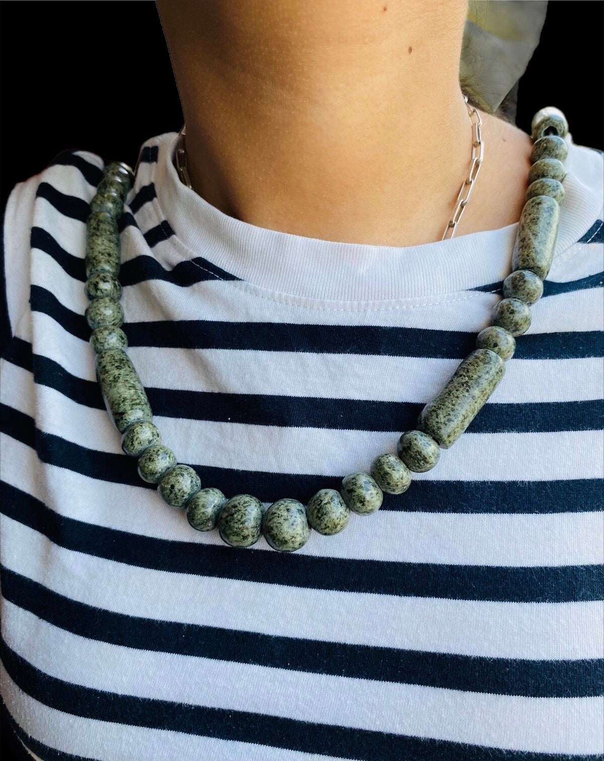 Serpentine beads choker necklace, artisanal handmade carved, Mayan precolombian Mexican style jewelry