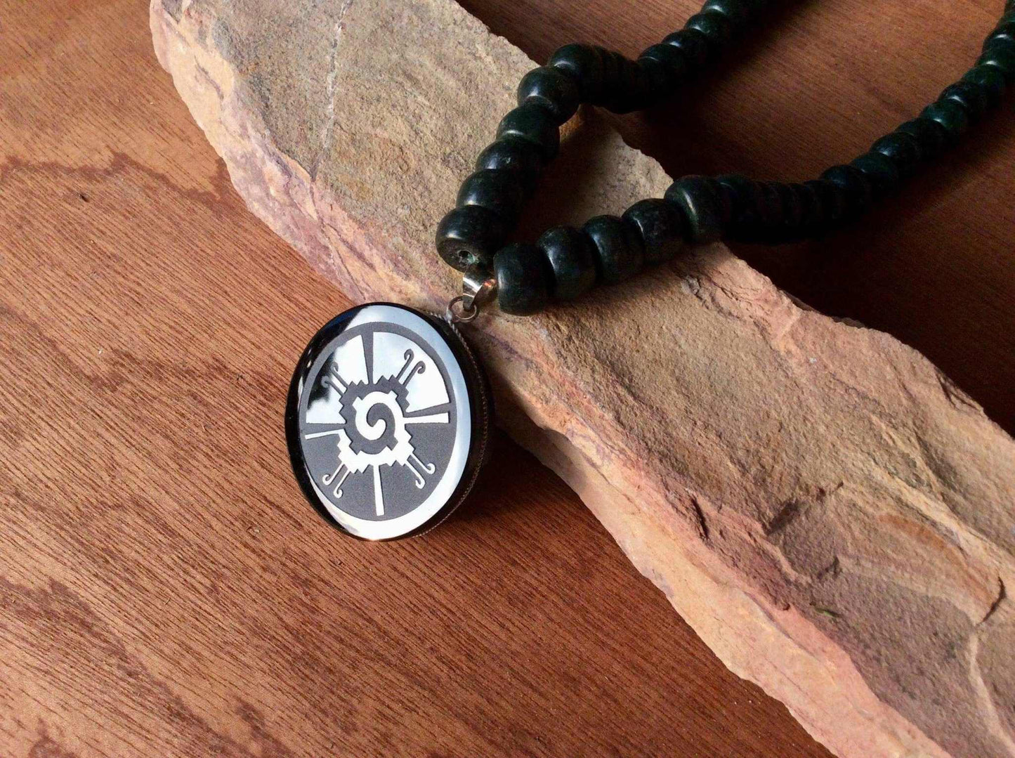hunab ku obsidian pendant necklace - mayan jade beads jewelry