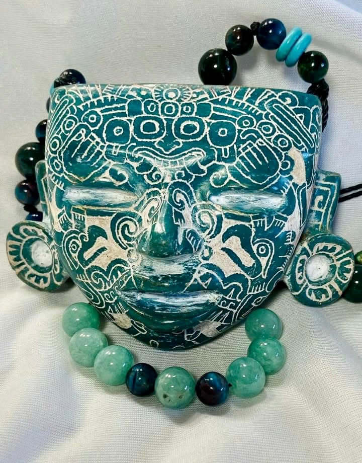 Teotihuacan Mask Pendant carved in blue ceramic, Mexican Pre Hispanic symbols engraved - Precolombian Jewelry