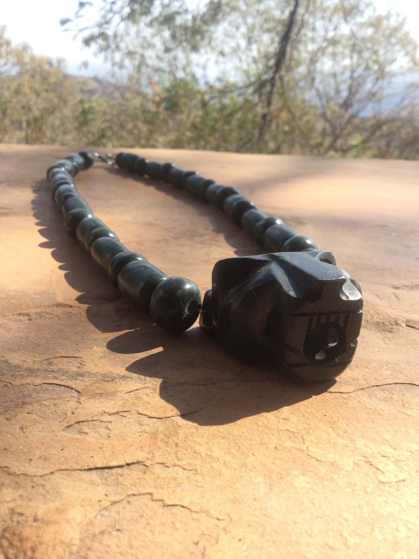 Jaguar Pendant Guatemalan jade beads necklace style, serpentine stone - Mayan Jewelry, Mexican Culture