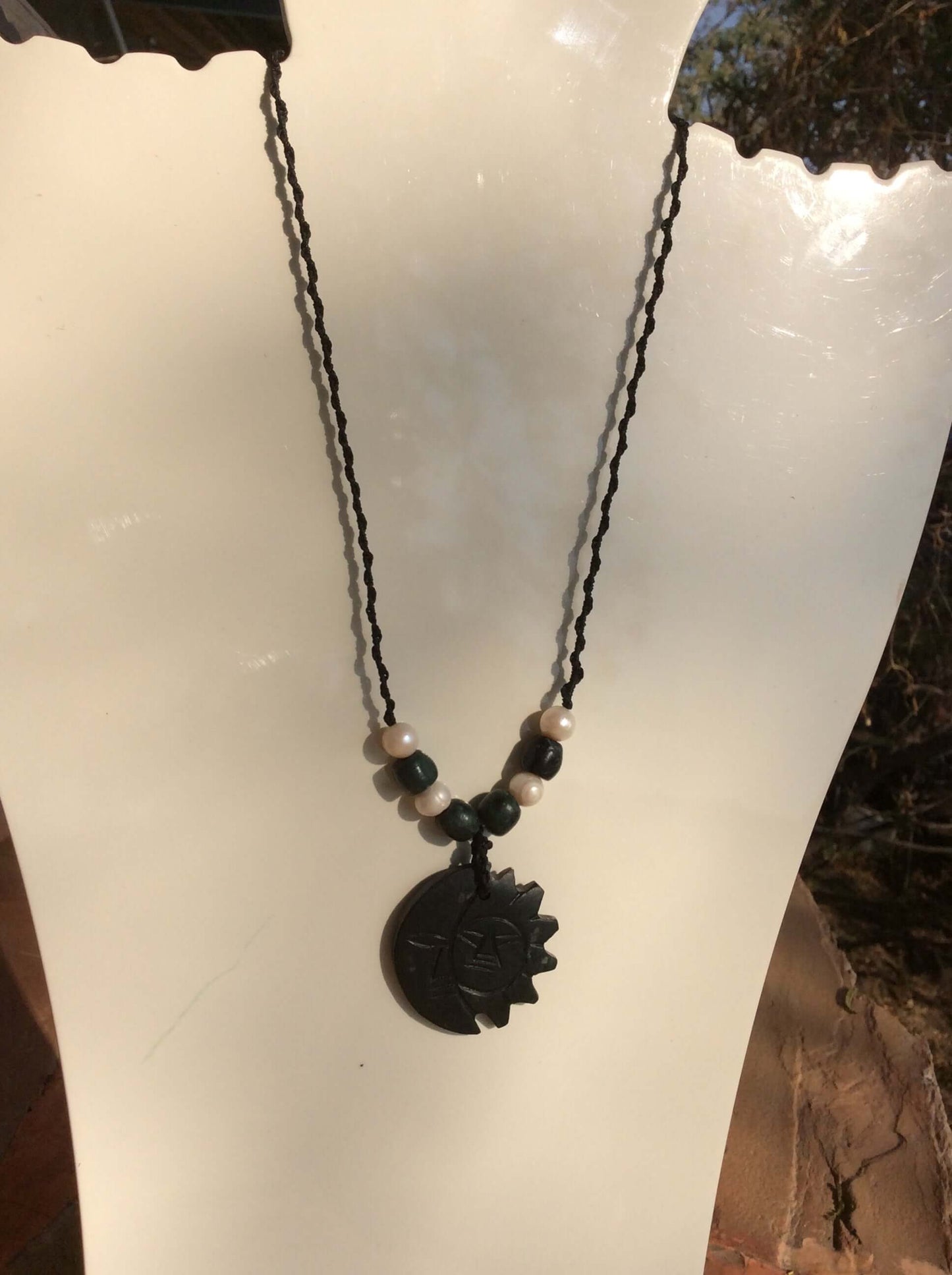 Moon Sun Symbol Pendant Necklace in Guatemalan jade serpentine stone & mother of pearls - Mexican jewelry