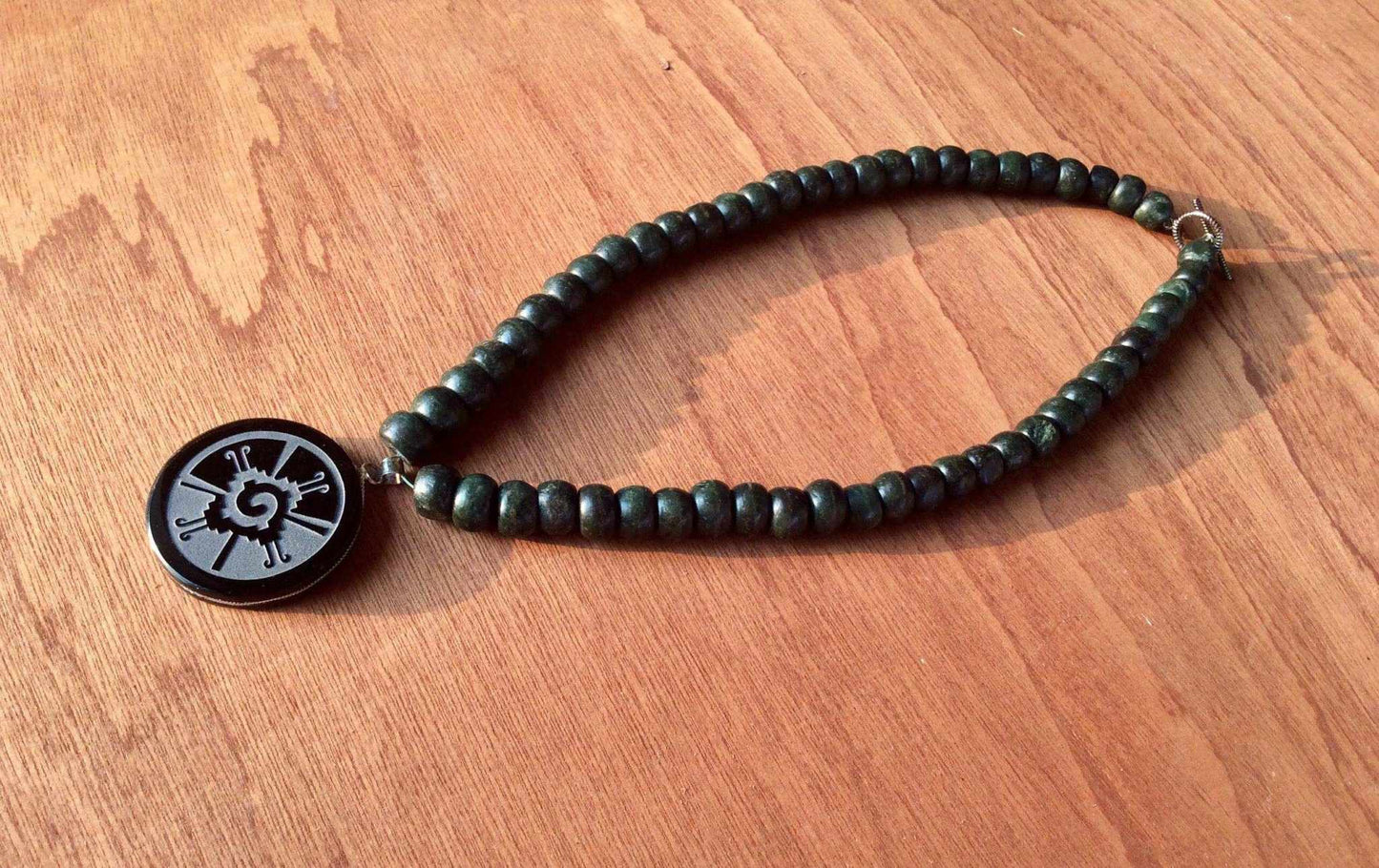 hunab ku obsidian pendant necklace - mayan jade beads jewelry
