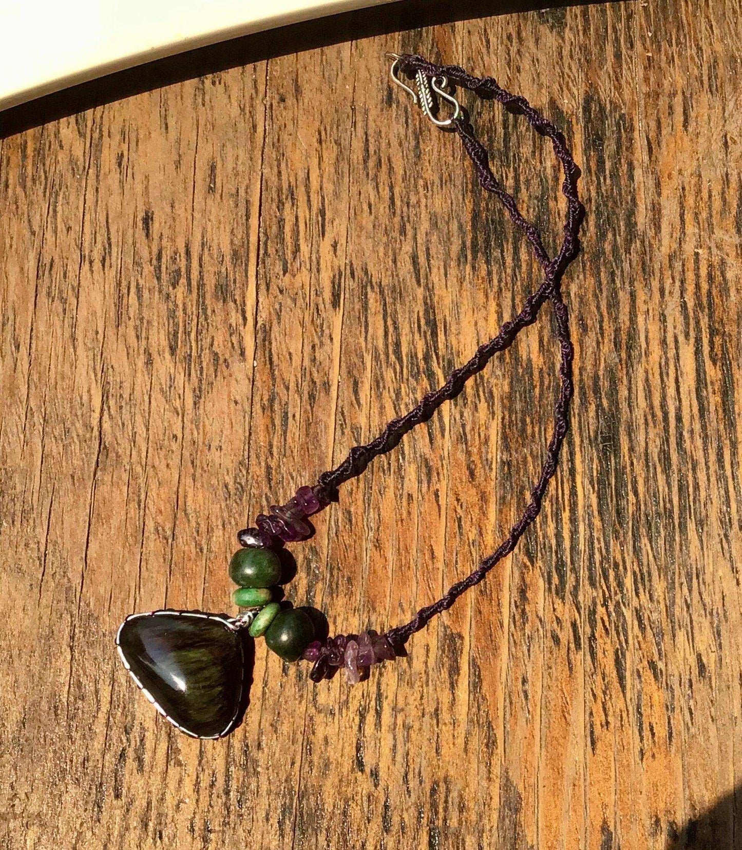 Velvet Obsidian Pendant Necklace with Amethyst & Guatemalan Jadeite Beads - Mexican Rainbow Obsidian Jewelry