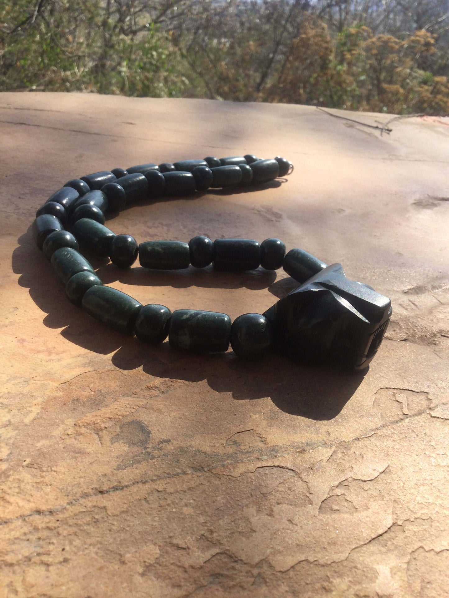 Jaguar Pendant Guatemalan jade beads necklace style, serpentine stone - Mayan Jewelry, Mexican Culture
