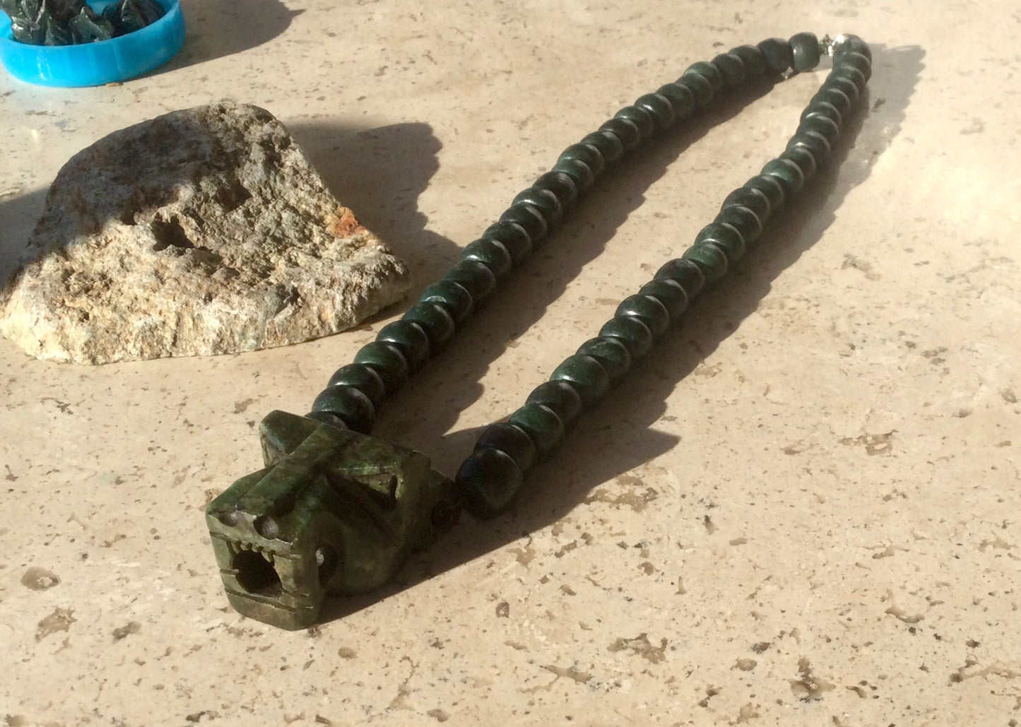 Jaguar Pendant Guatemalan jade beads necklace style, serpentine stone - Mayan Jewelry, Mexican Culture