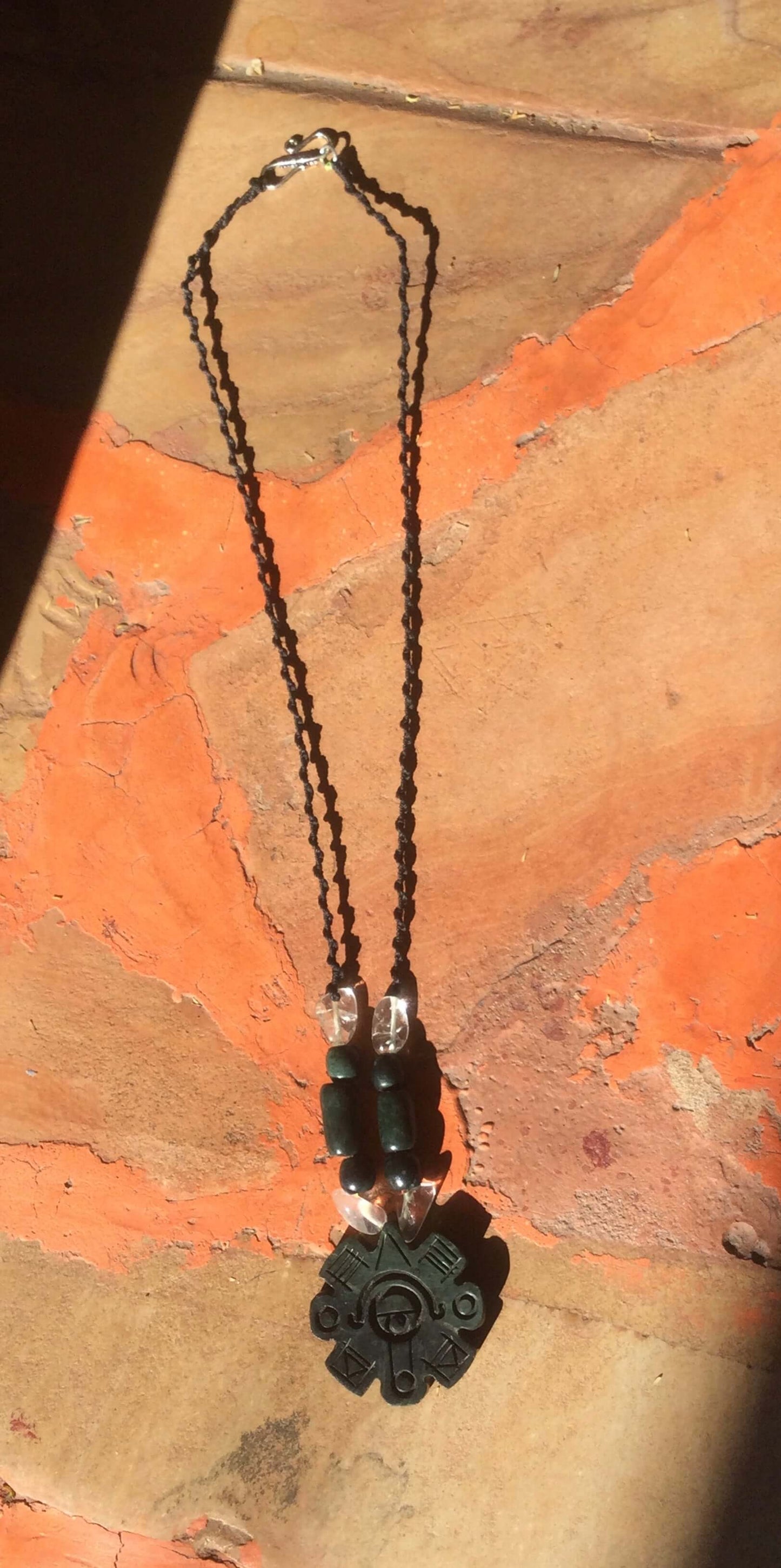 Ollin Pendant, Aztec calendar symbol, Guatemalan jade style, serpentine stone, Mexican precolombian Jewelry