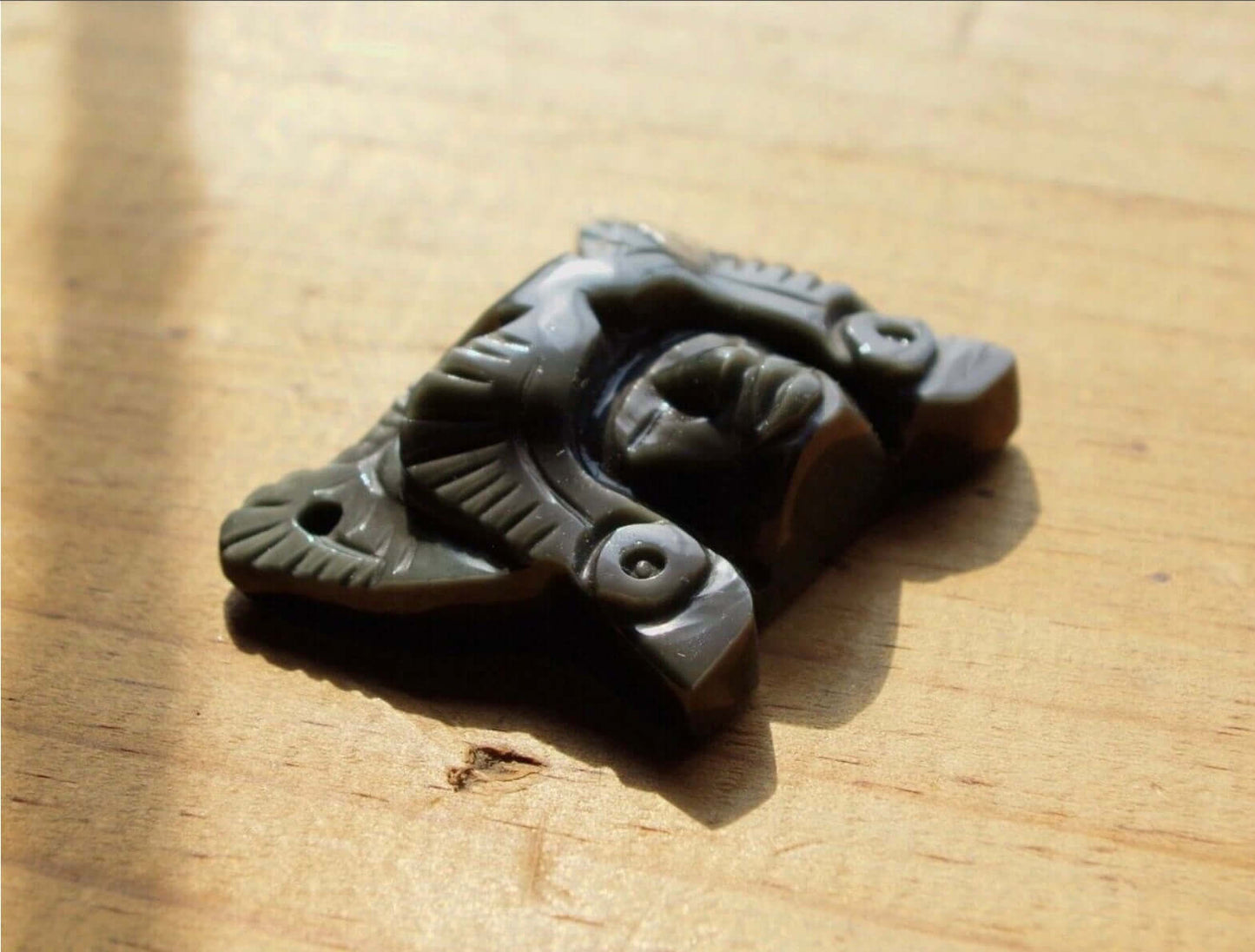 Jaguar Warrior Pendant carved in rainbow obsidian- Aztec Mexican Precolombian Jewelry
