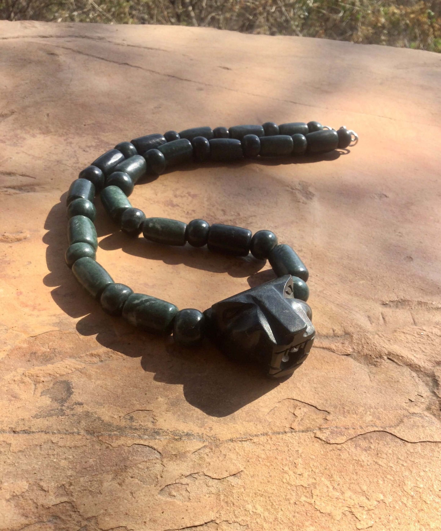 Jaguar Pendant Guatemalan jade beads necklace style, serpentine stone - Mayan Jewelry, Mexican Culture